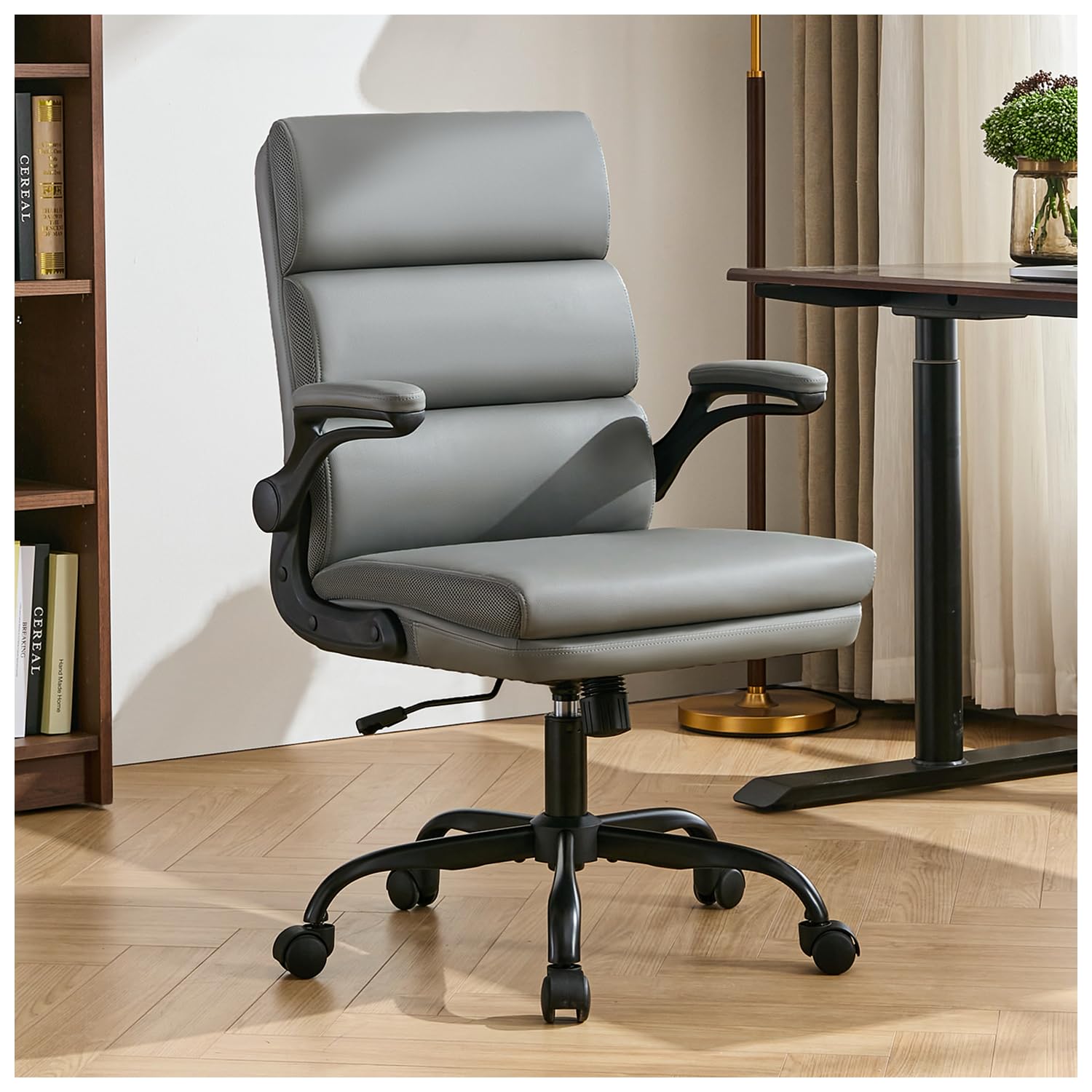 Office Chair Adjustable Desk Chair Mid Back Executive Comfortable Bonded Leather Ergonomic Back Support Home Computer Chair with Padded Flip-up Armrest Swivel Wheels (Gray)