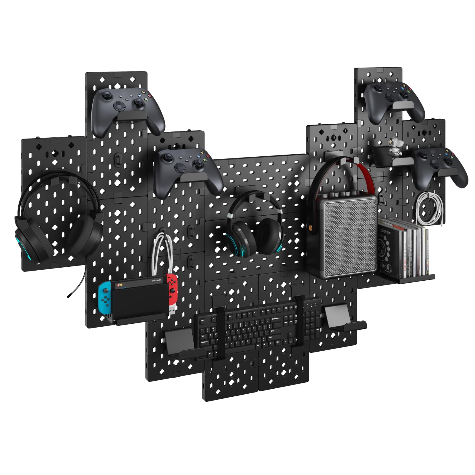 PEGZONE Controller and Headphone Holder Wall Mount, Modular Gaming Pegboard with Accessories, Controller Stand for Xbox PS5 PS4 Switch, Video Game Storage, Disc Shelf Organizer, 14pcs Pegboard, Black