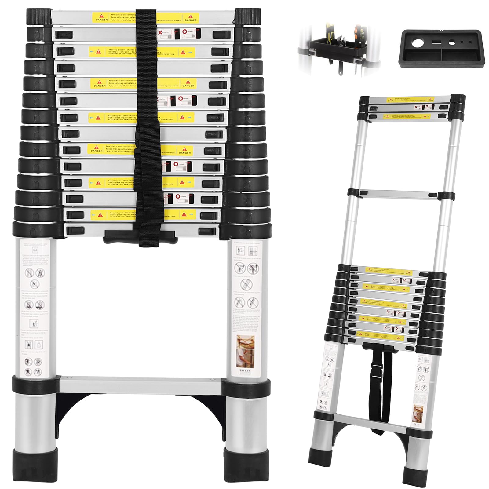 14.5FT Telescoping Ladder with Tool Tray, Extension Ladder Aluminum Folding Ladder Collapsible Ladder, Telescopic Ladders Foldable Extendable Ladder for Home Homeuse RV Attic Roof