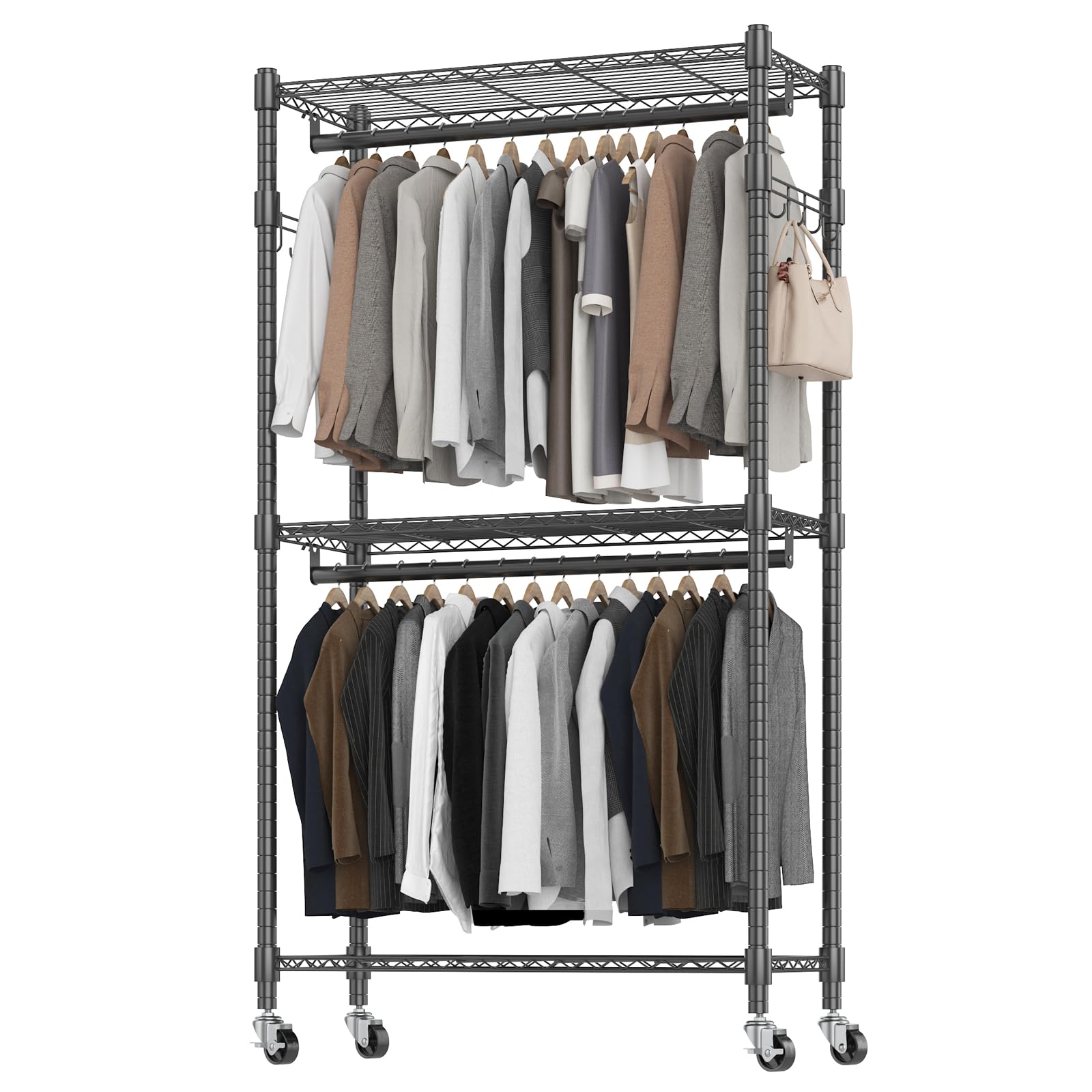 BATHWA Rolling Garment Rack Portable Closet Clothes Rack for Hanging Clothes, Metal Wardrobe Clothing Rack with Wheels and 8 Side Hooks, Double Rods, Adjustable Shelves, Black