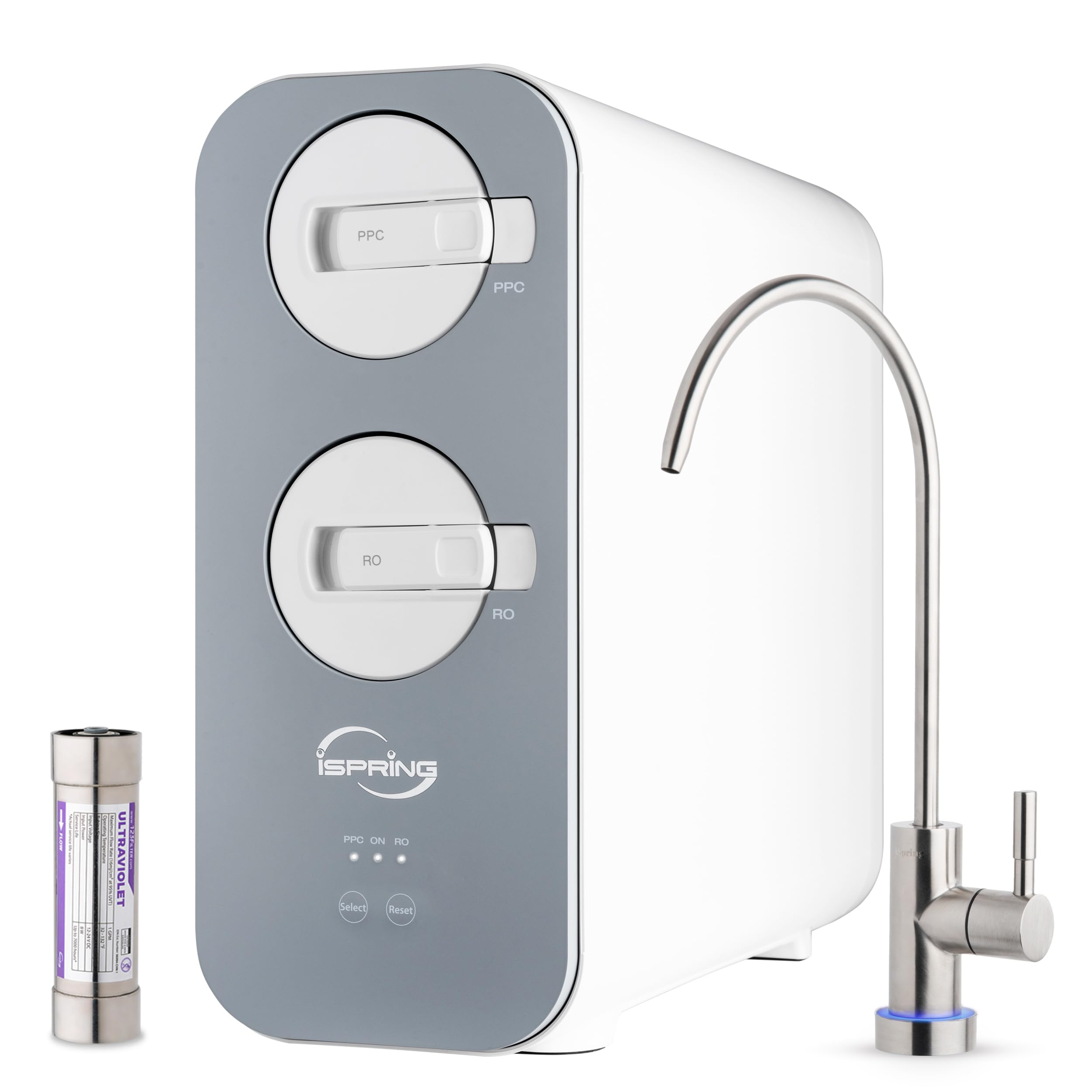 iSpring RO800G+UVF8 Tankless Reverse Osmosis System with LED UVF8 Light, 800 GPD Fast Flow RO System, 2.5:1 Pure to Drain Ratio RO Water Filter System, Brushed Nickel Faucet