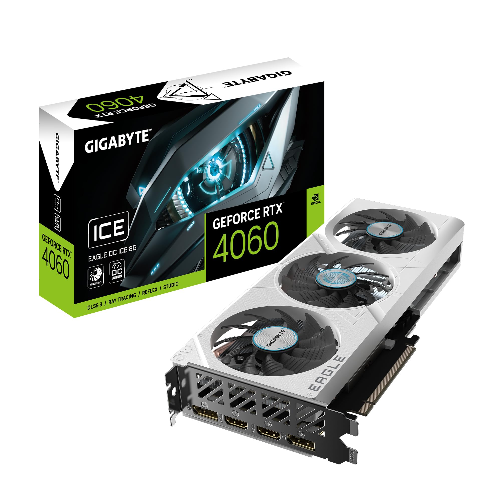 Gigabyte GeForce RTX 4060 Eagle OC ICE 8G Graphics Card - 8GB GDDR6, 128bit, PCI-E 4.0, 2505MHz Core Clock, 2 x DisplayPort 1.4a, 2 x HDMI 2.1a, NVIDIA DLSS 3, GV-N4060EAGLEOC ICE-8GD