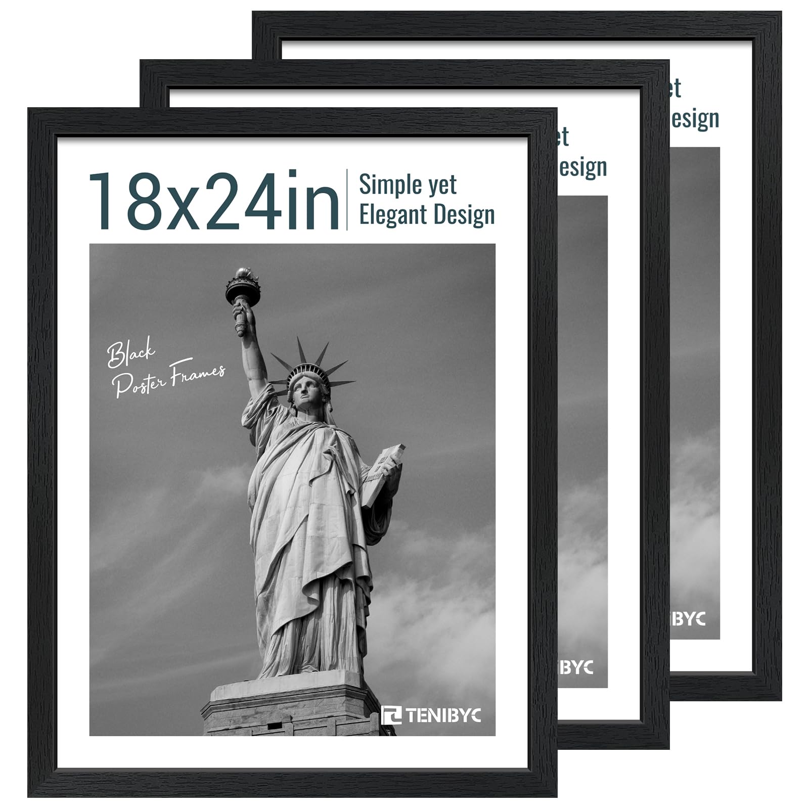 TENIBYC 18x24 Poster Frame 3 Pack - Black Woodgrain, Solid Wood Gallery Picture Frame - Wall Hanging
