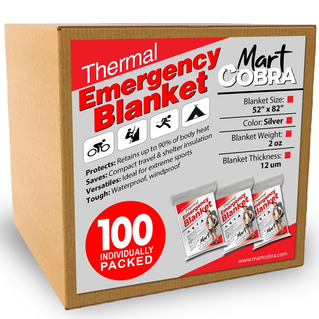 Mart Cobra Emergency Blanket 100-Pack Space Mylar Blankets Survival Gear and Supplies Reusable Thermal Camping Essentials Hiking First Aid Car Emergency Kit Homeless Care Package Bulk Disposable Foil