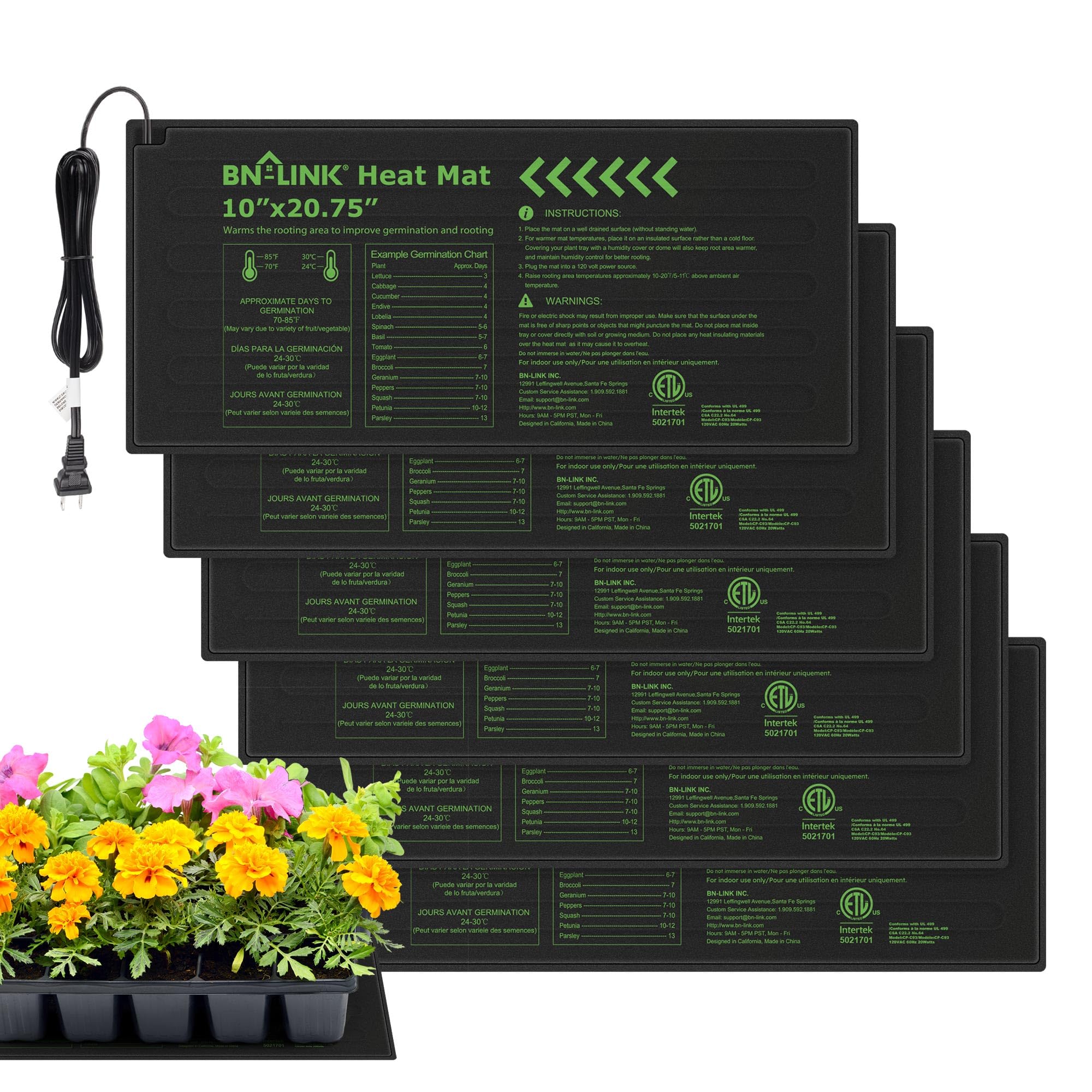 BN-LINK Durable Seedling Heat Mat Warm Hydroponic Heating Pad Waterproof 10" x 20.75" - 6 Pack for Seed Starting Greenhouse and Germination