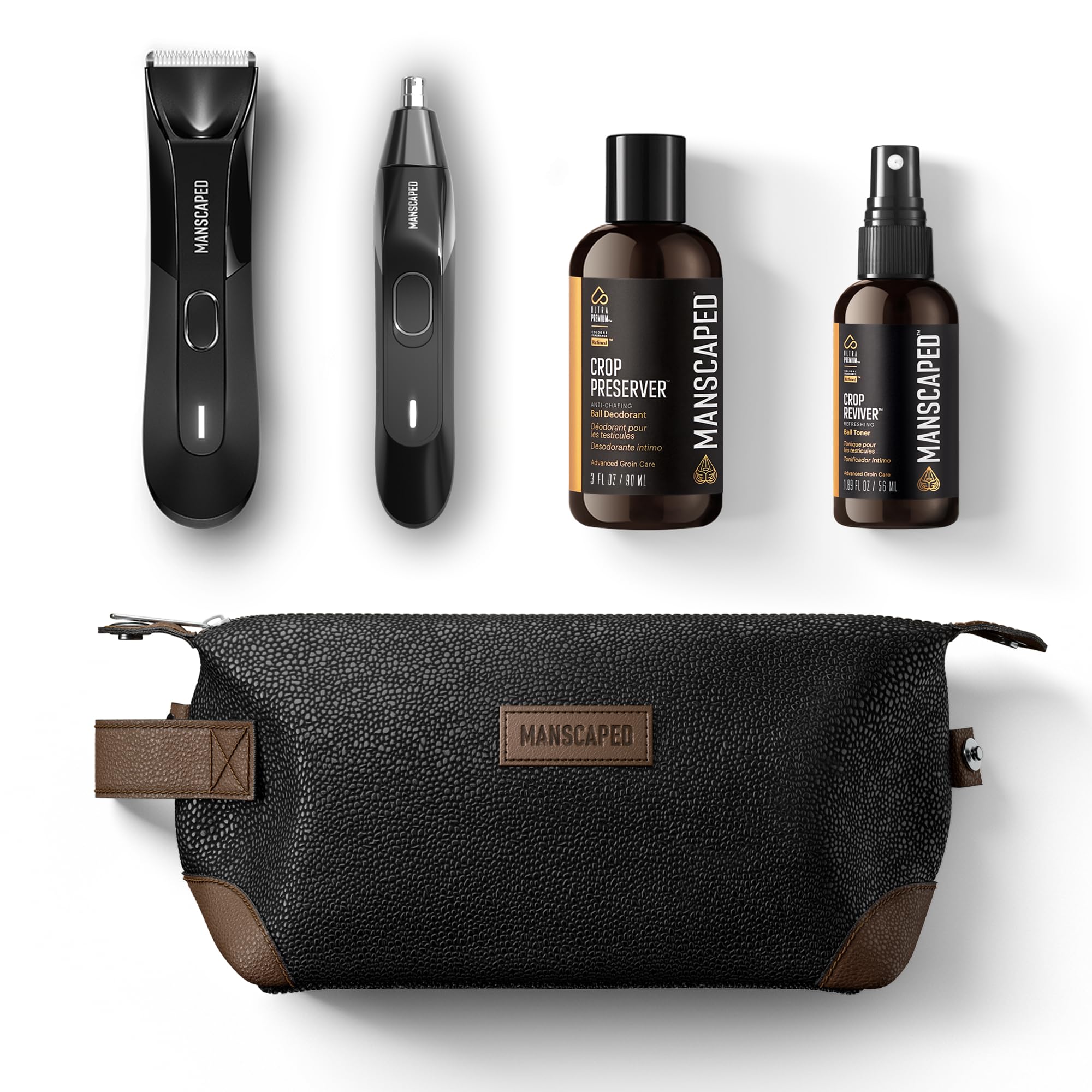 MANSCAPED® Grooming Essentials 4.0 Includes The Lawn Mower® 4.0 Groin Hair Trimmer, Weed Whacker® 2.0 Nose Hair Trimmer, Crop Preserver® Ball Deodorant, Crop Reviver® Spray Toner, Shed Toiletry Bag