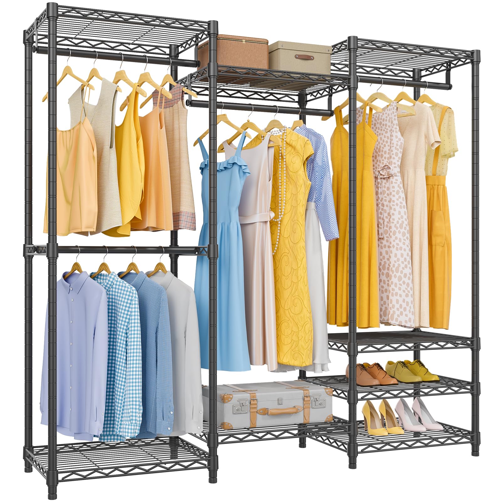 VIPEK V5 Medium Portable Closet Wardrobe Heavy Duty Clothes Rack, Freestanding Closet Metal Clothing Rack with 4 Hang Rods & 8 Shelves, Adjustable Custom Closet Rack, 56.7" Lx15.7 Wx76.4 H, Black