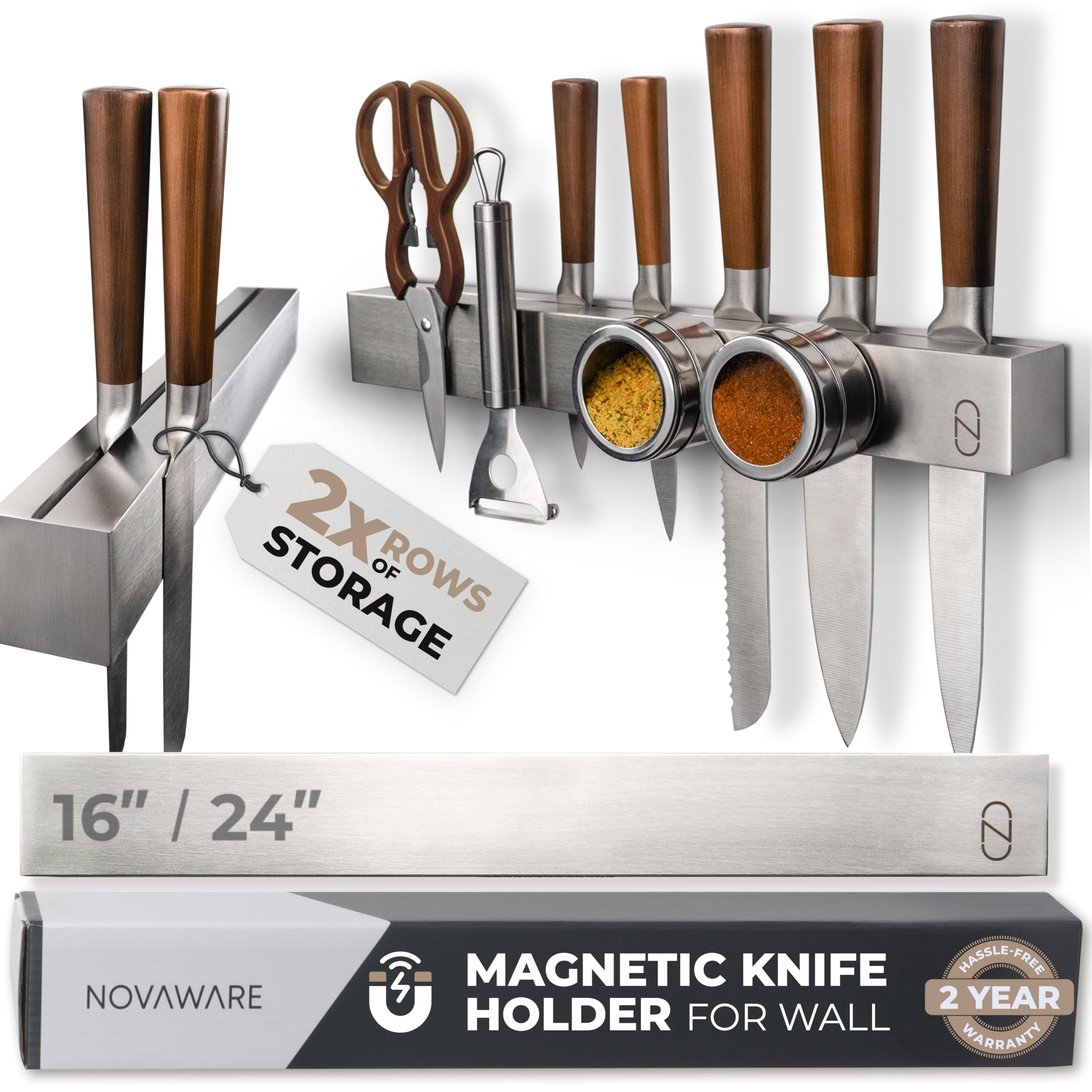 2x Storage 24" Magnetic Knife Holder for Wall - Safe, Patented Storage Design - Stainless Steel Knife Magnetic Strip, Under Cabinet Knives Storage - Magnet Strip Rack Kitchen Utensil Organizer
