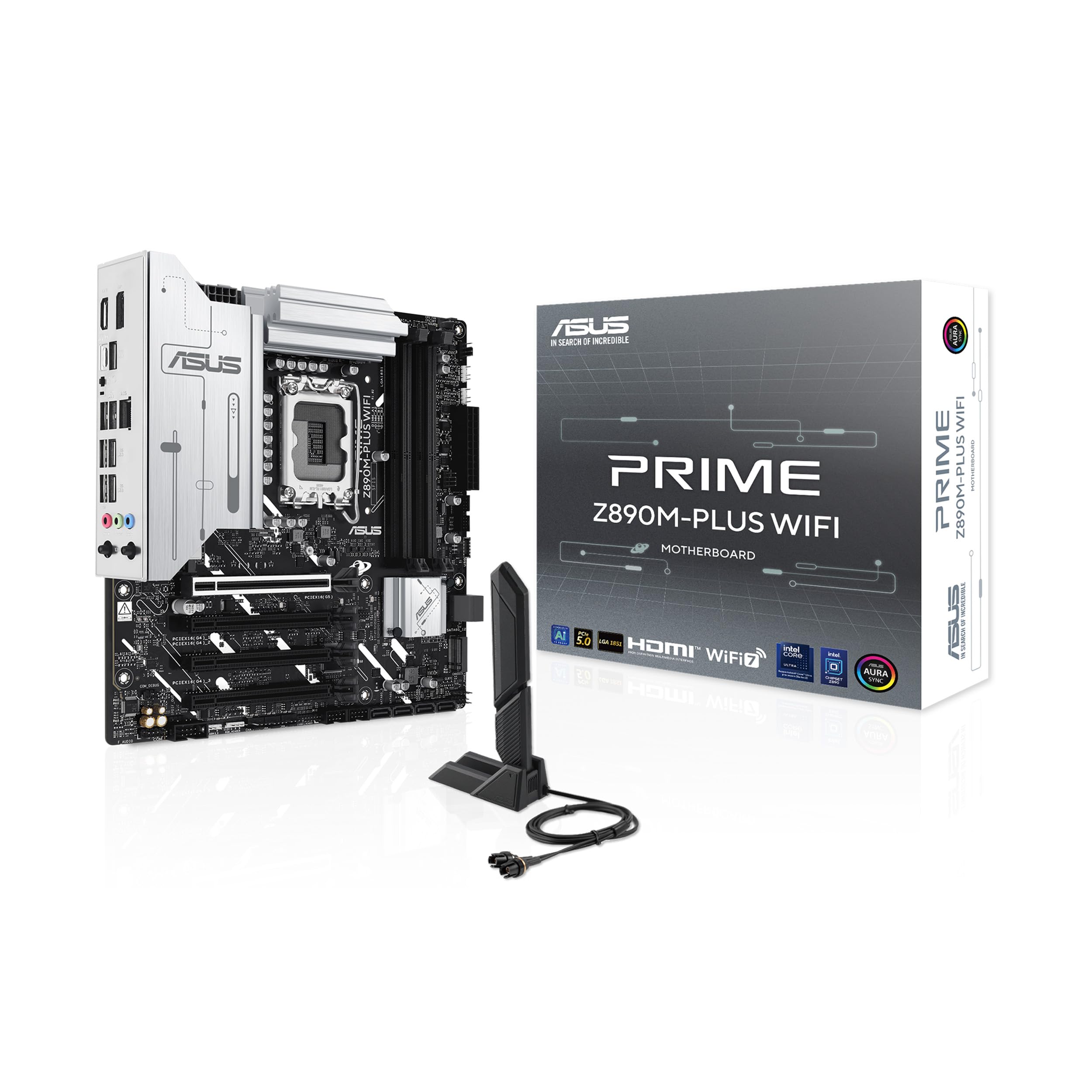 ASUS Prime Z890M-PLUS WiFi Z890 LGA 1851 mATX Motherboard, Intel® Core™ Ultra Series 2 Ready, Advanced AI PC-Ready, 10+1+2+1 80A Power Stages, DDR5, PCIe® 5.0, USB Type-C®, 3X M.2, Wi-Fi 7, 2.5Gb LAN