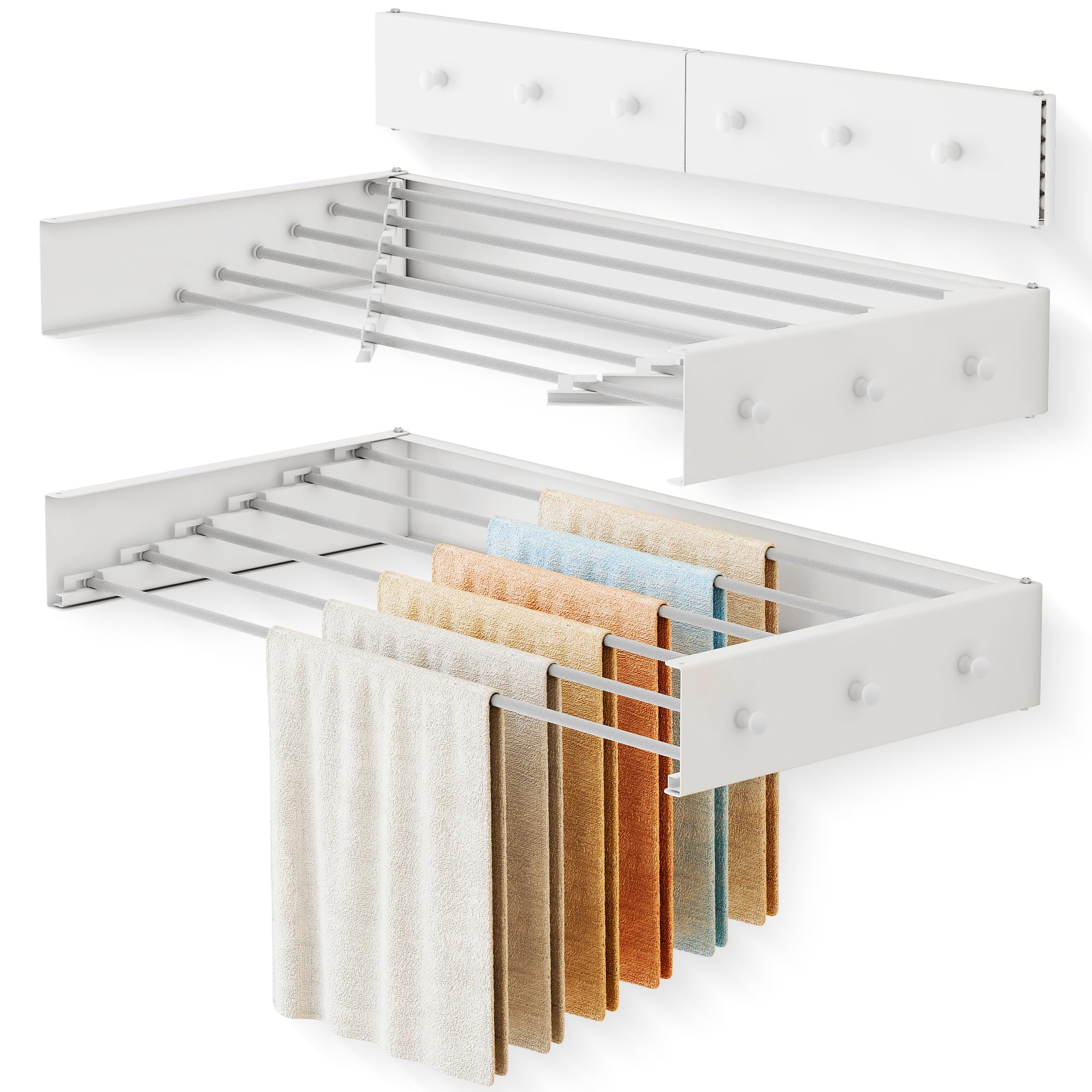 LIENAHU Upgrade Drying Rack Clothing,Clothes Drying Rack Wall Mounted,Laundry Drying Rack Wall Mount,Foldable,Collapsible,Retractable,6 Aluminium Poles,with Hooks,(White 35.5"