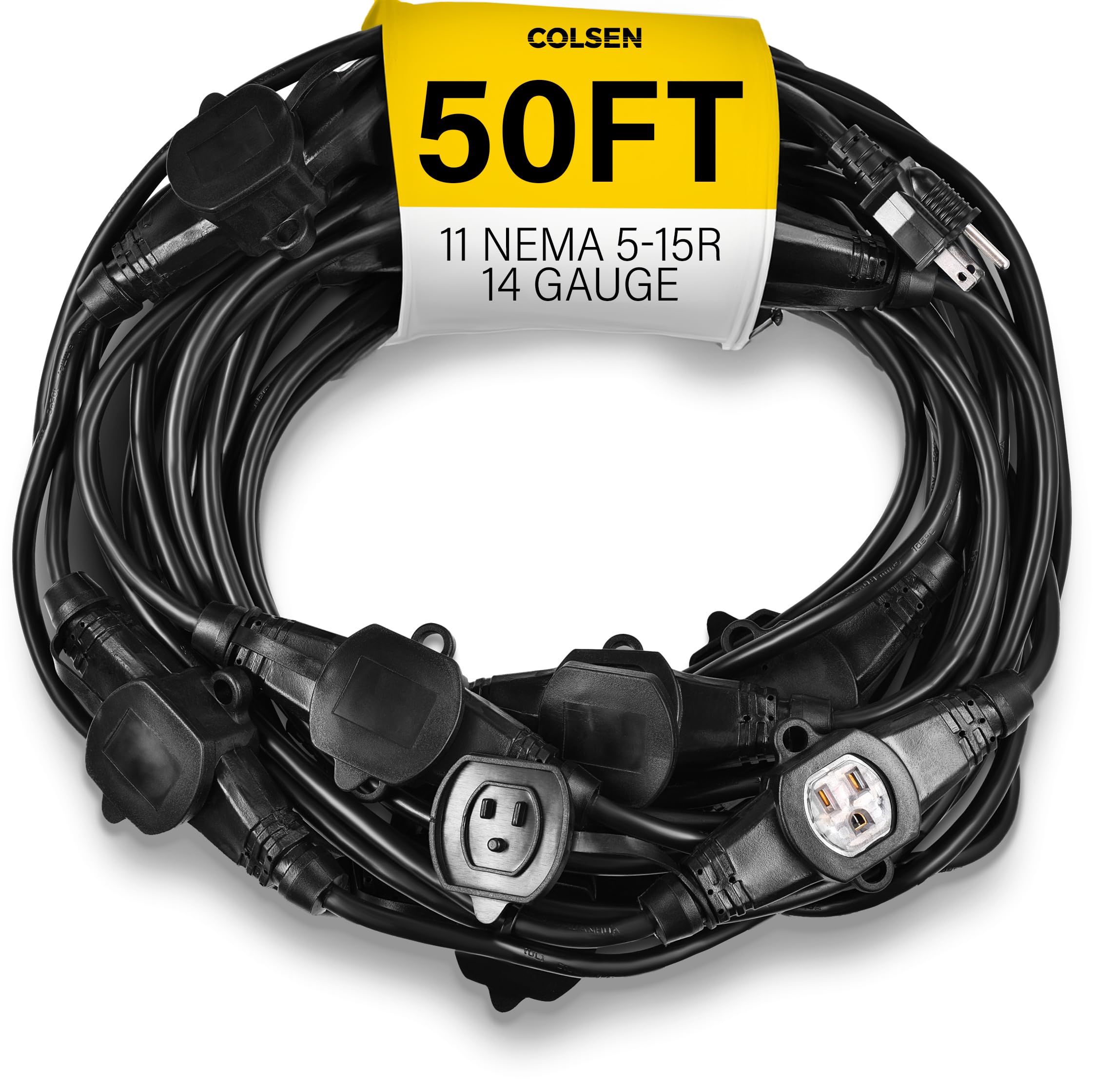COLSEN Extension Cord with Multiple Outlets – 50 ft Heavy Duty 16 Gauge Power SJTW Cable, 15 Amp 3 Prong 11 NEMA Multi Plug, 14 AWG Male to Female Connector, 5-15R Female Socket, Outdoor/Indoor Black