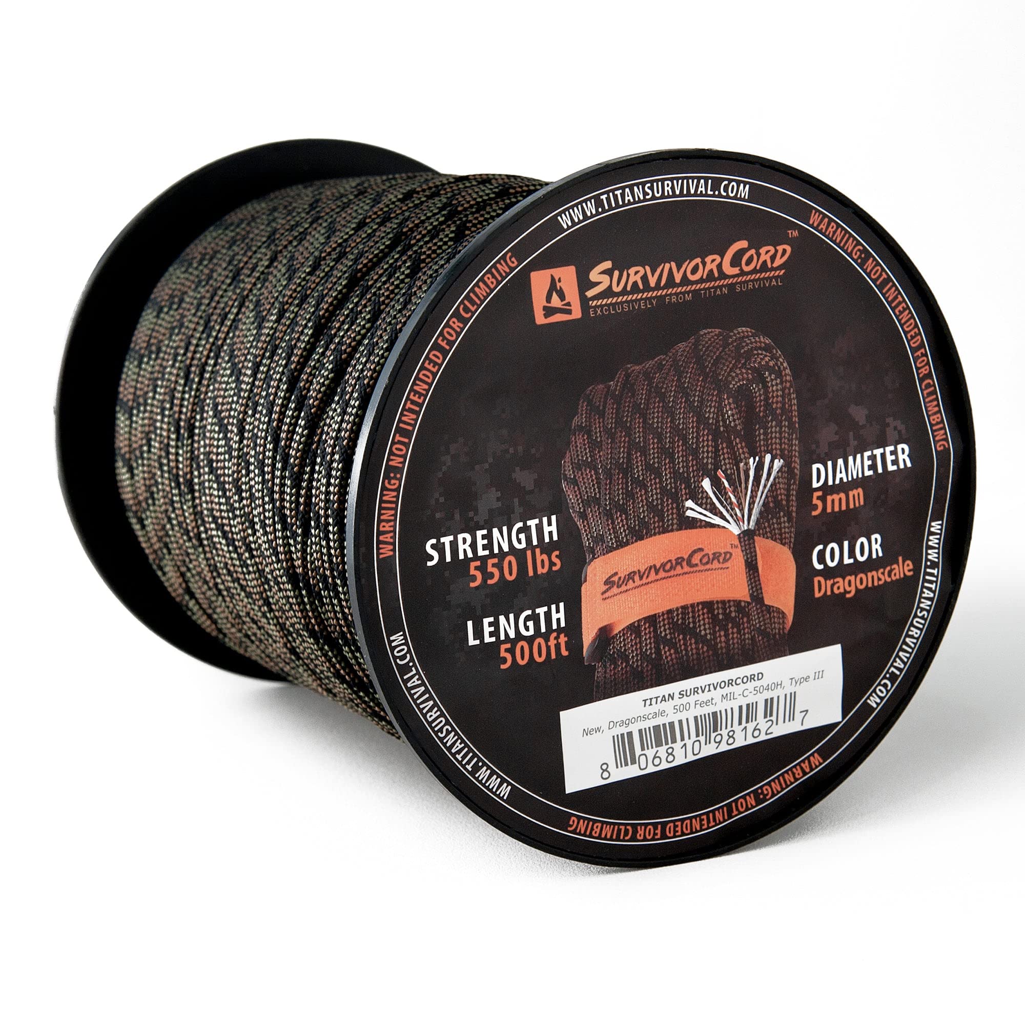 TITAN Survival Patented Paracord 550 - 25ft, 100ft, 500ft & Color Options - 620LB Strength Survival Paracord Military Spec with 3 Strands - Heavy Duty Hank Cord for Camping & Outdoors with Firestarter