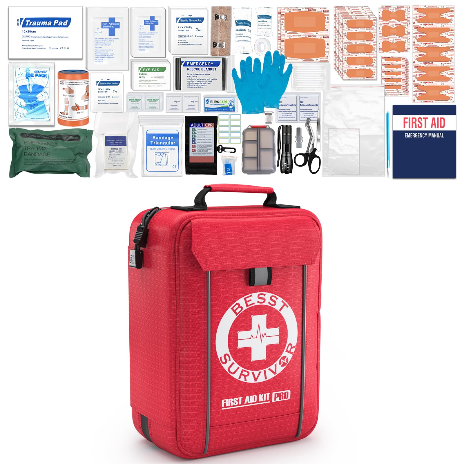 Besst Survivor Comprehensive First Aid Kit -Labeled Compartments for Trauma & Emergencies, Compact Emergency Kits for Car, Boats, Camping, Hurricanes and Outdoor Emergencies Survival -265 Piece