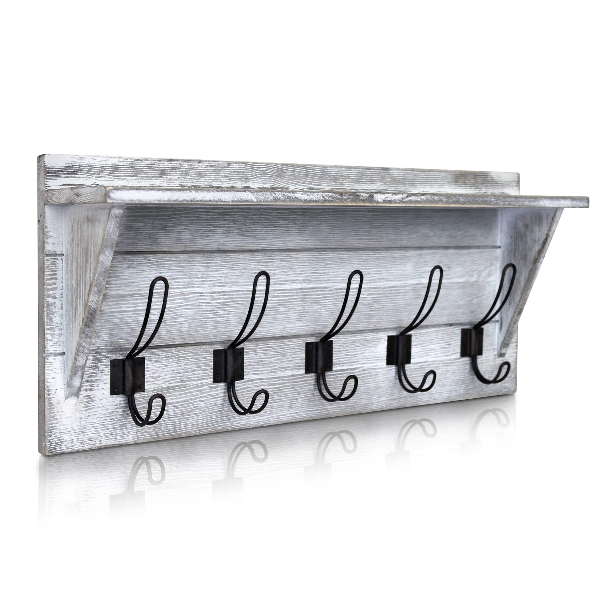HBCY Creations Rustic Wall Mounted Coat Rack with Shelf - Solid Wood 24" Entryway Shelf with 5 Coat Hangers. Perfect Touch for Your Entryway, Mudroom, Kitchen, Bathroom and More, Whitewash