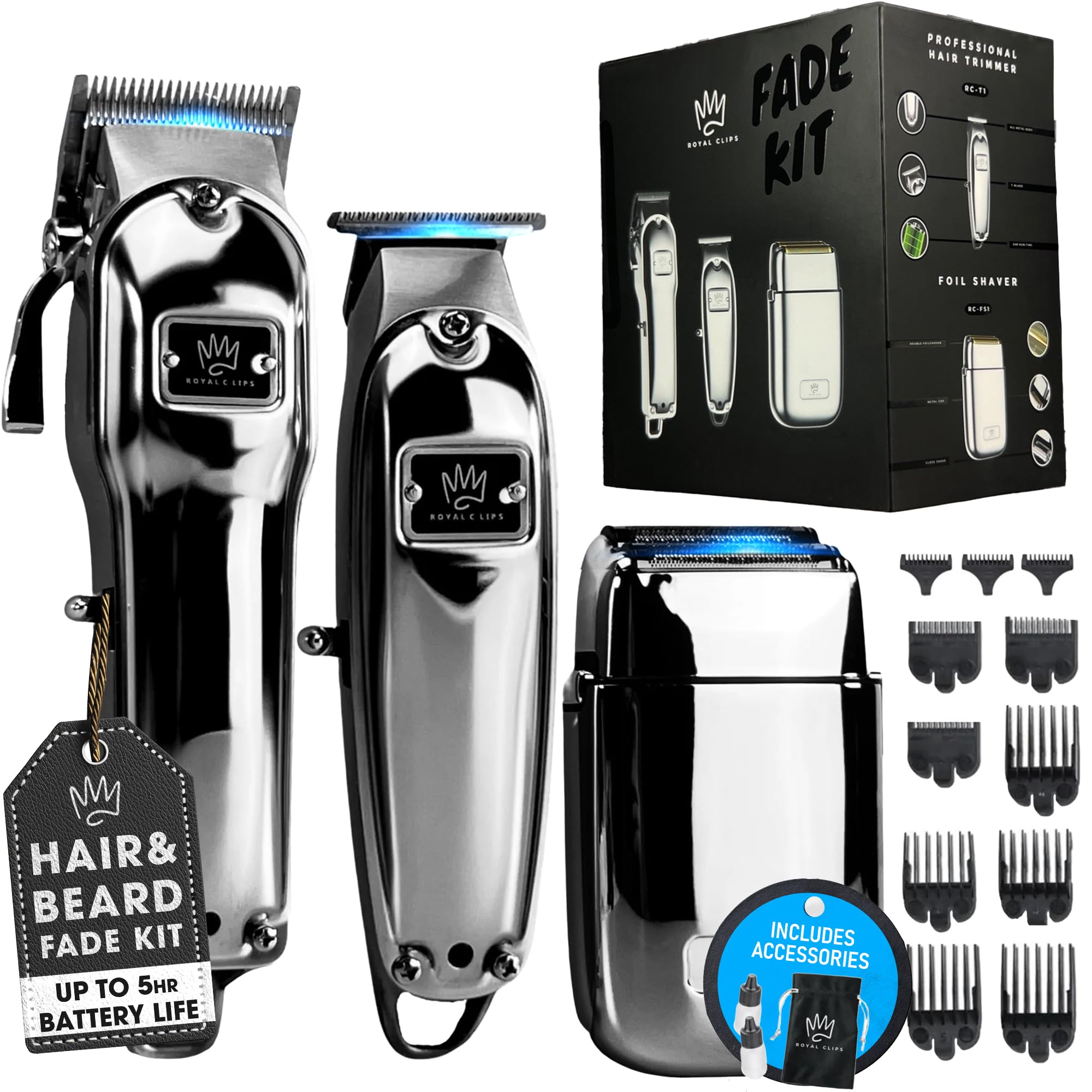 Royal Clips Hair and Beard Fade Kit 2.0 – Professional Clipper, Trimmer & Foil Shaver Bundle for Men, Complete Haircut Set for Barbers, Home Use & Grooming – 5-Hour Battery, 10pcs Limit Combs, Silver