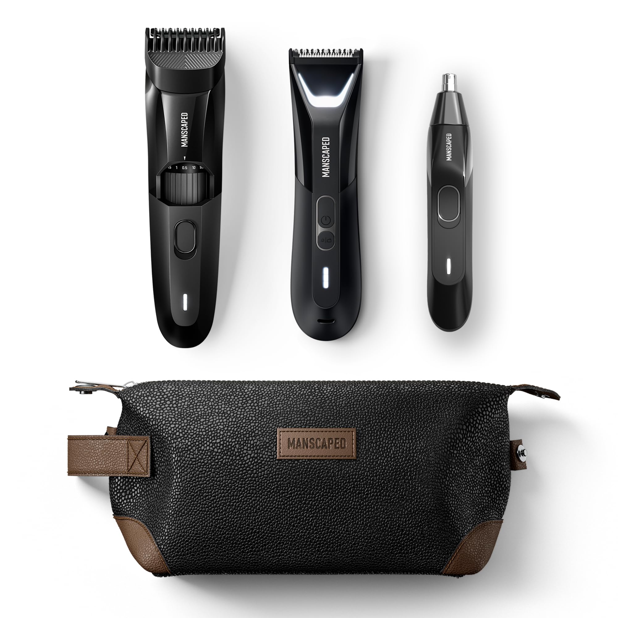 MANSCAPED® Body, Beard & Face Bundle 5.0 - The Lawn Mower® 5.0 Ultra Groin & Body Hair Groomer, The Beard Hedger™ Premium Trimmer, Weed Whacker® 2.0 Nose & Ear Hair Razor, The Shed Toiletry Bag