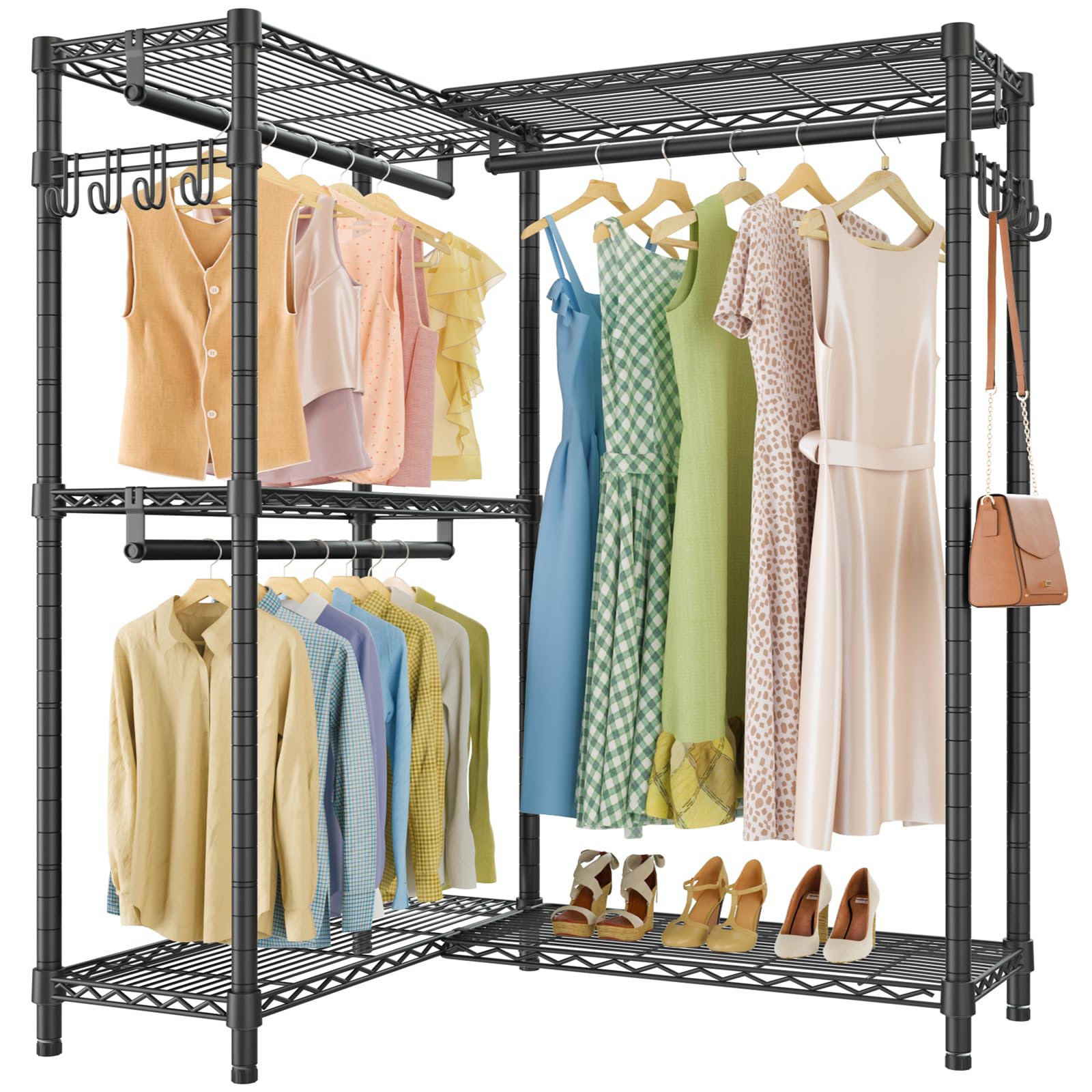 VIPEK L4S Garment Rack L Shaped Clothes Rack for Corner, Freestanding Portable Wardrobe Closet Heavy Duty Clothing Rack with 3 Hanging Rods & 2 Side Hooks, 43.3"Lx29.1"Wx76.4"H, Max Load 810LBS, Black