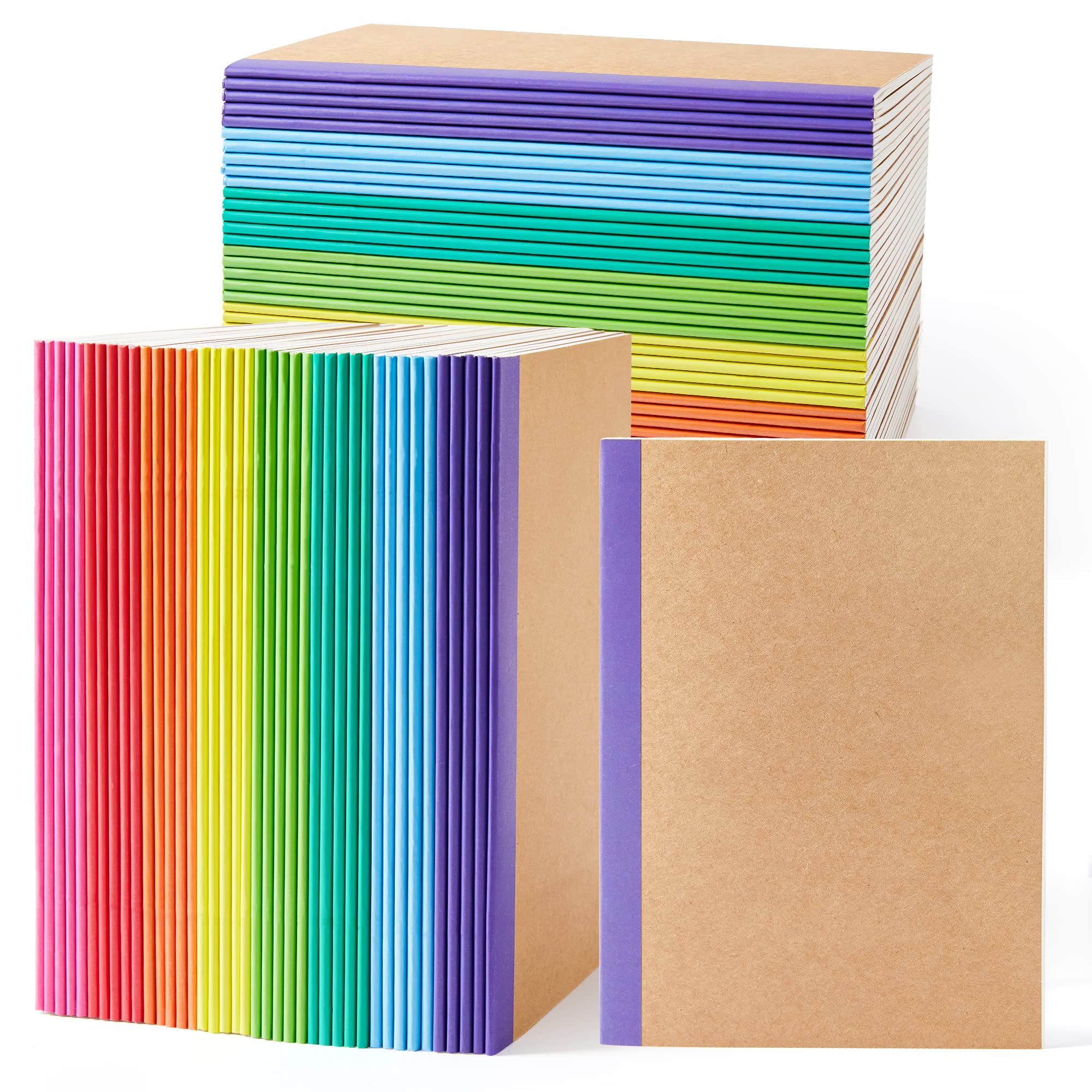 feela 80 Pack Composition Notebooks Bulk, Kraft Cover Lined Blank College Ruled Composition Travel Journals with Rainbow Spines For Women Students Business, 60 Pages, 8.3”x 5.5”, A5, 8 Colors
