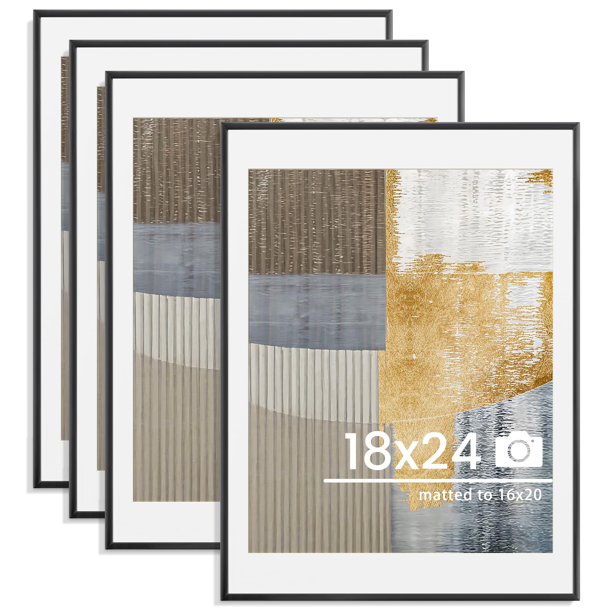 18x24 inch Metal Poster Frame - 18 x 24 Thin Aluminum Picture Frames Matted for 16x20 Photos, Artworks, Prints, Puzzle - High Definition Plexiglass - Vertical and Horizontal Display - Wall Hook Hanging Hardware Included - Black, Set of 4