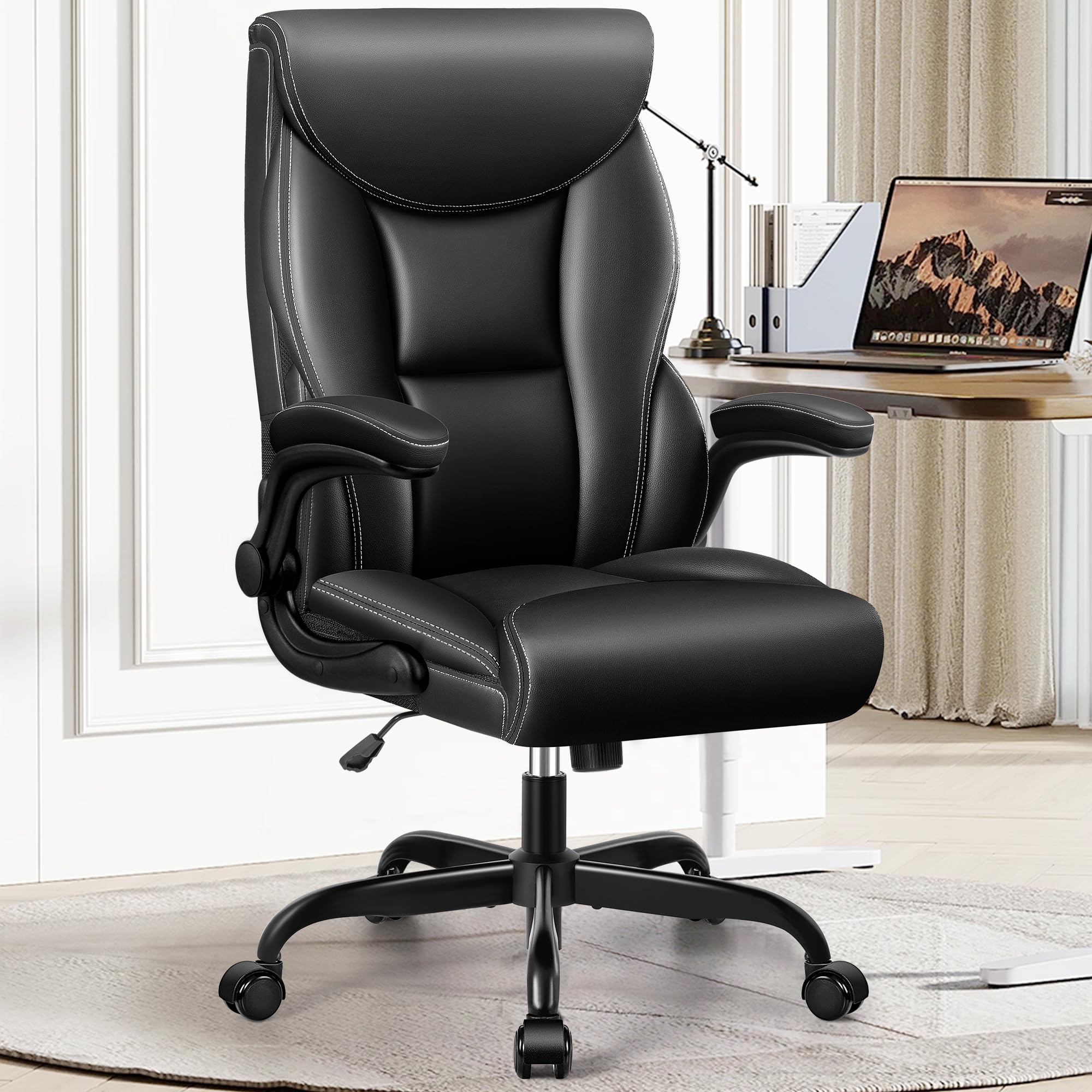 HeroSet Office Chair, Ergonomic Big and Tall Computer Desk Chairs, Executive Breathable Leather Chair with Adjustable High Back Flip-up Armrests, Lumbar Support Swivel PC Chair with Rocking Function
