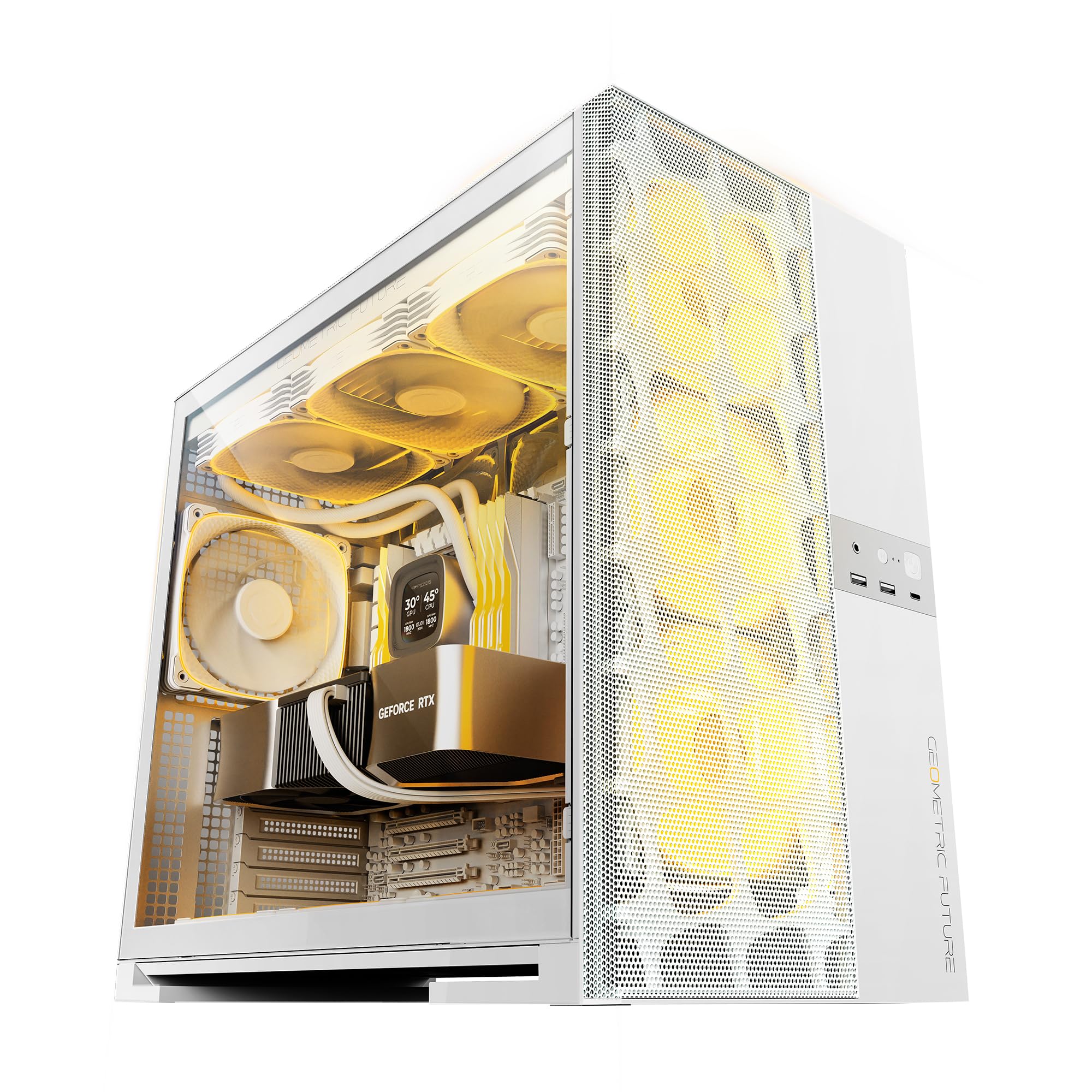Geometric Future M5 Vent Mesh Panel Tempered Glass Mid Tower, E-ATX/ATX Gaming Case, High Airflow, 1.2mm Steel, Type C, Support 420/360 Radiator, ARGB PWM 140m fan x 5 Pre-Installed, White, GEO-M5VF-W