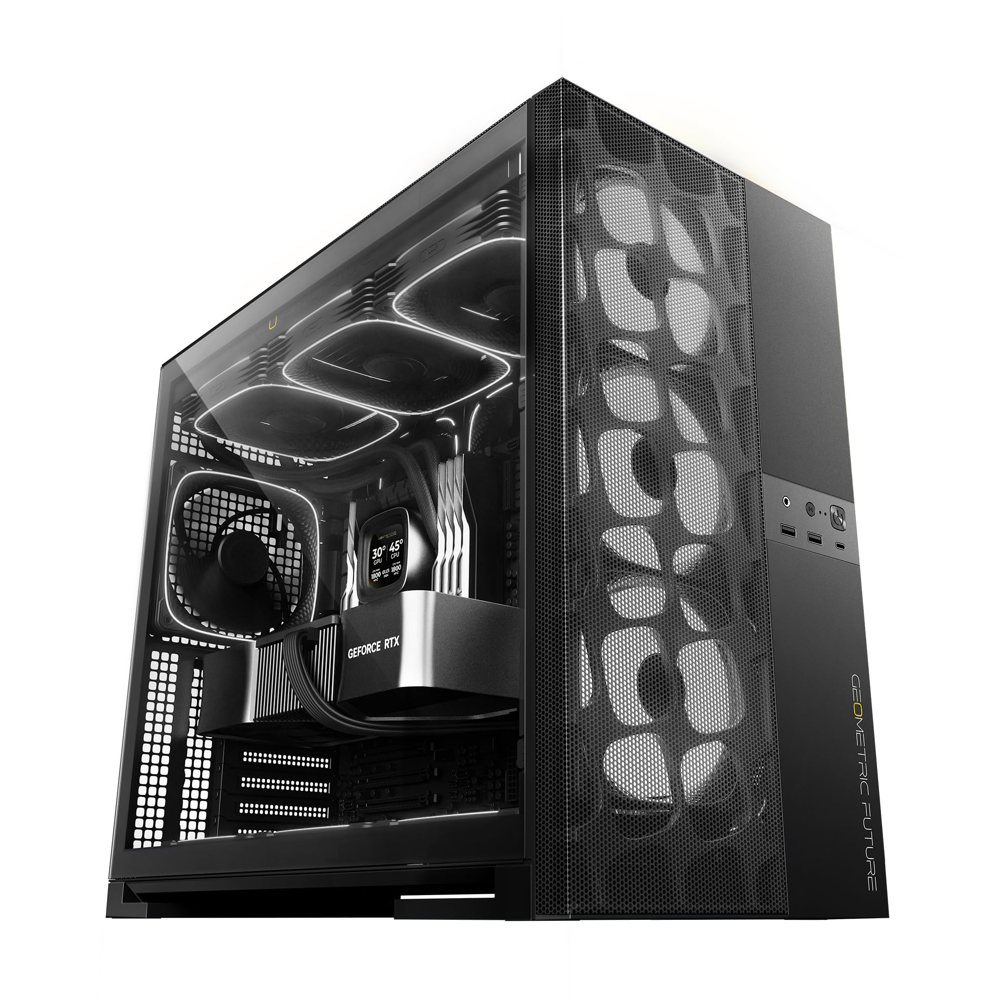 Geometric Future M5 Vent Mesh Panel Tempered Glass Mid Tower, E-ATX/ATX Gaming Case, High Airflow, 1.2mm Steel, Type C, Support 420/360 Radiator, ARGB PWM 140m fan x 5 Pre-Installed, Black, GEO-M5VF-B