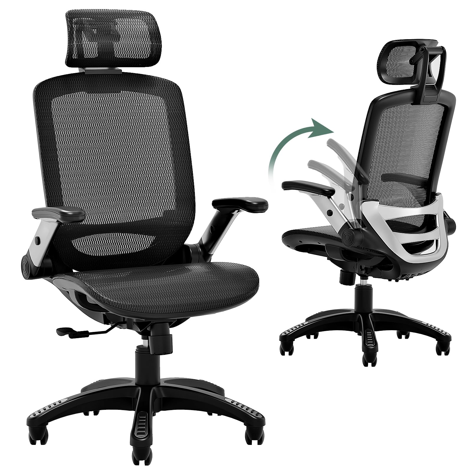 NexHut Ergonomic Office Chair, Mesh Desk Chair with Adjustable Flip-Up Arms, 3D Headrest, 90°-120° Tilt Lock, Wide Cushion, High Back Big and Tall Computer Gaming Chairs, Swivel Executive Task Chair