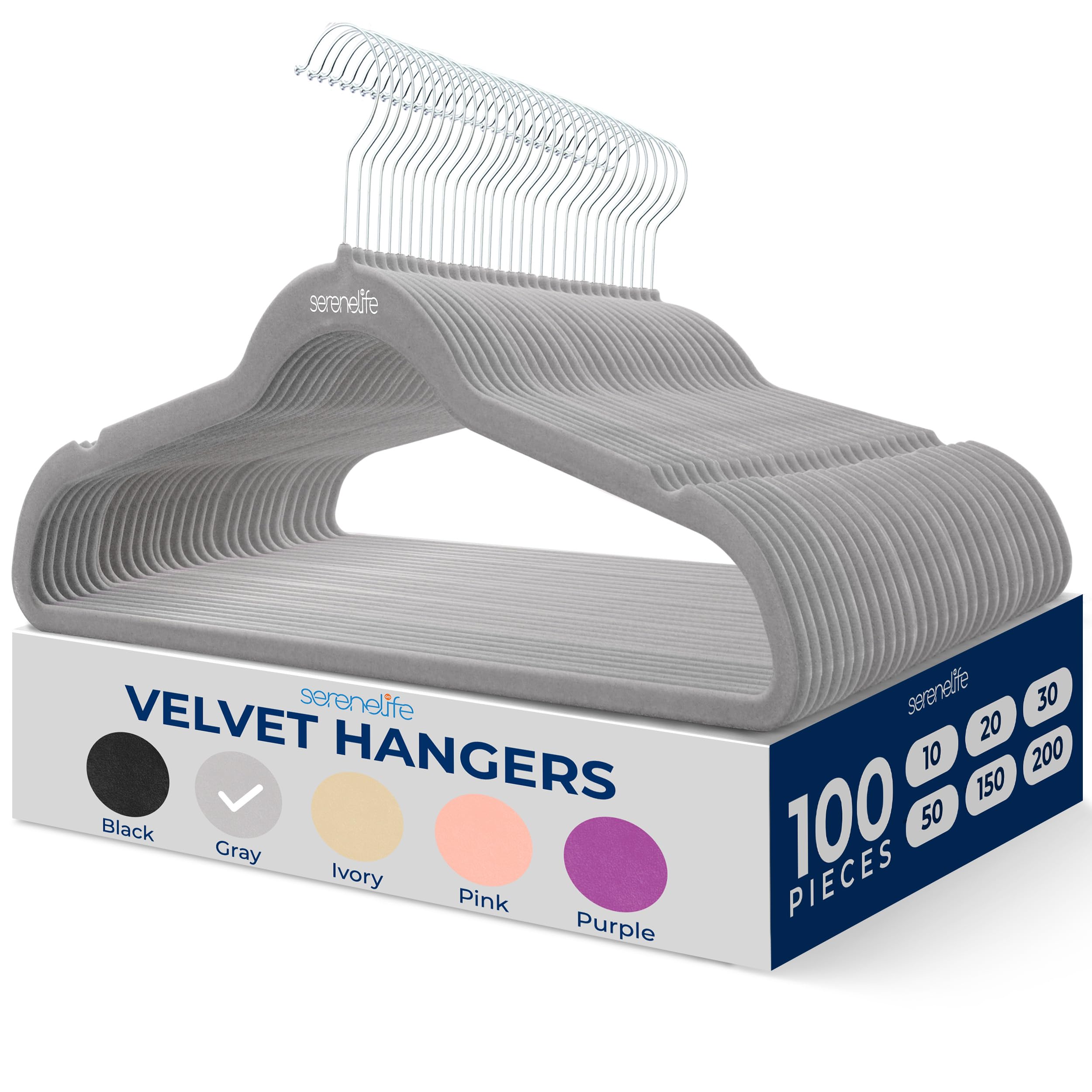 SereneLife 100 Pack Velvet Hangers - Non-Slip Felt with 360° Swivel Hook, Space-Saving, Ultra-Thin, Lightweight for Shirts, Sweaters, Hoodies, Kids Clothes & Dresses