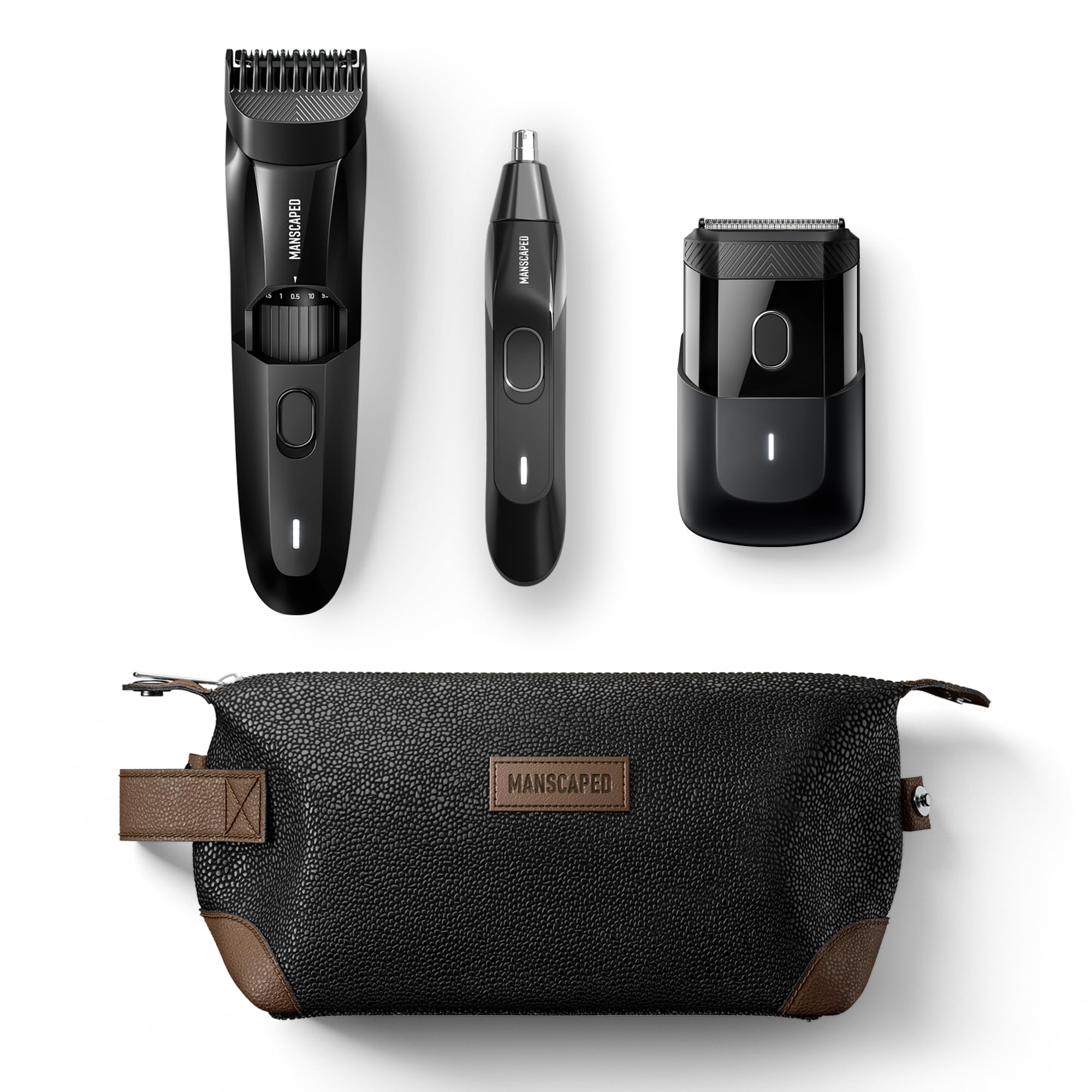MANSCAPED® Face Grooming Trio - The Beard Hedger® Premium Beard Trimmer, The Handyman™ Compact Face Shaver, Weed Whacker® 2.0 Nose & Ear Hair Razor, The Shed™ Toiletry Bag