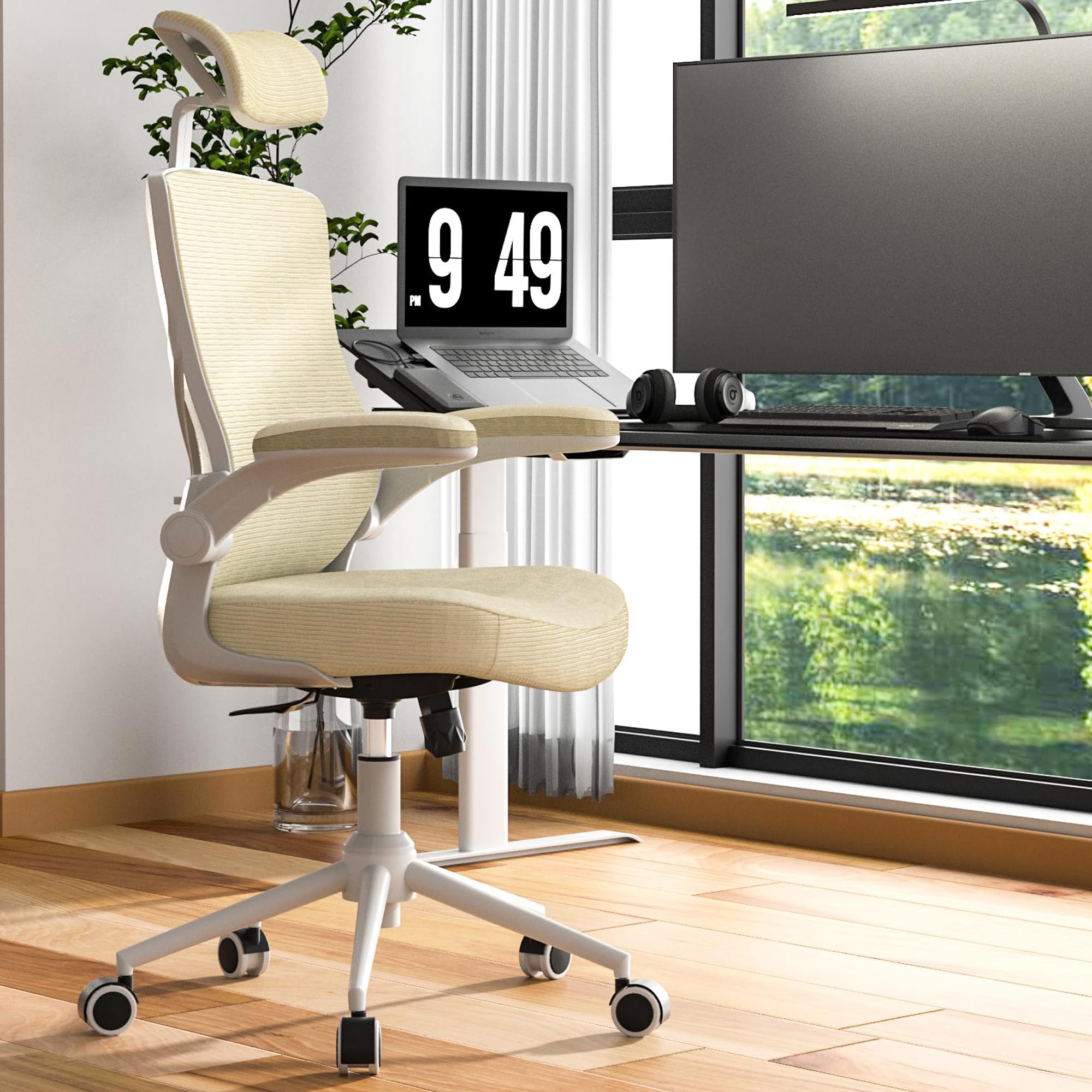 CYKOV Ergonomic Office Chair with Adjustable Headrest & Lumbar Support - High Back Desk Chair with Flip-Up Arms, 360 Swivel Executive Computer Task Chair (Modern Beige)