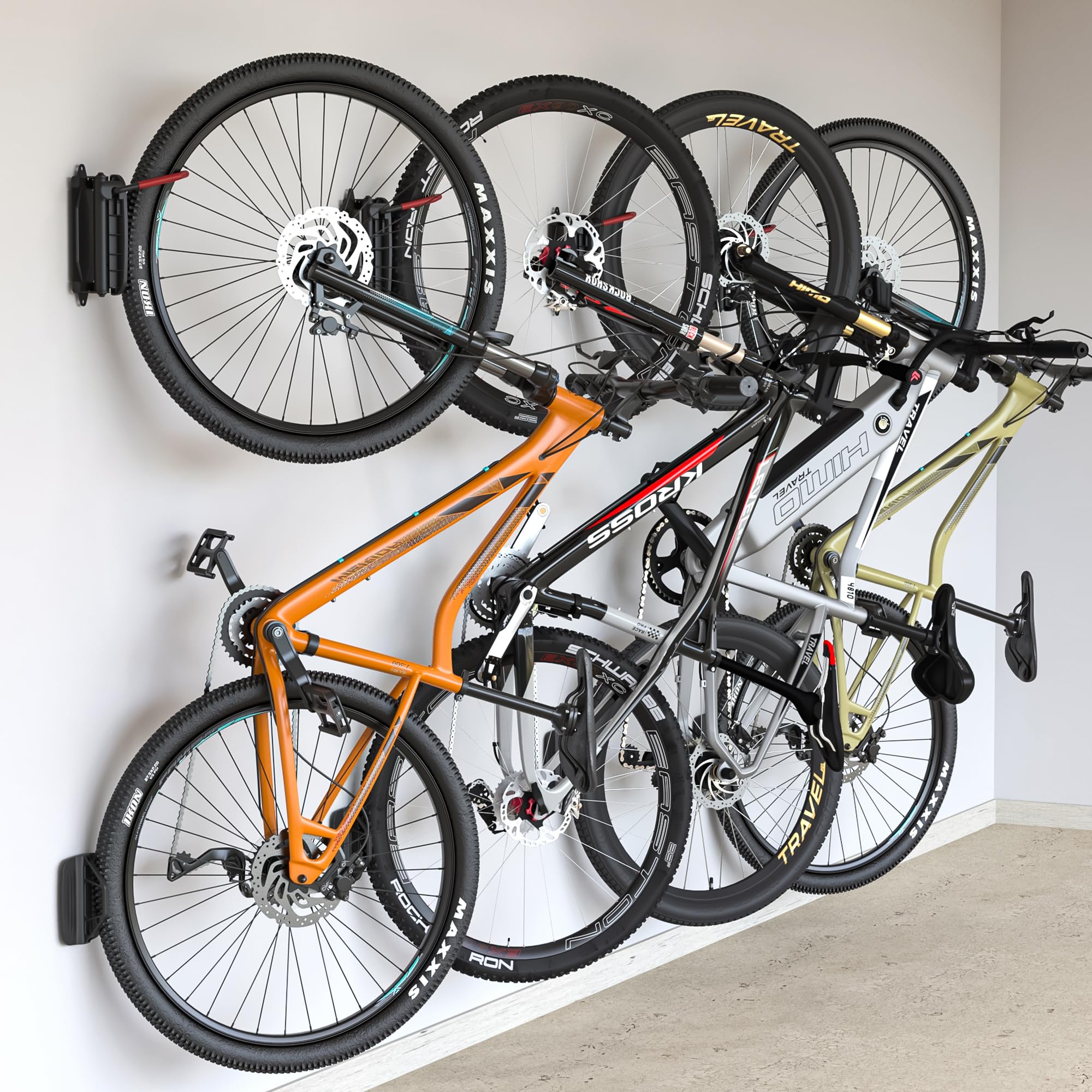 monTEK Swivel Bike Wall Mount – Space-Saving Vertical Bike Rack, Heavy-Duty Garage Bike Hanger, Sturdy Storage Hook Holds Up to 66lbs, Easy to Install, Red, 4 Pack