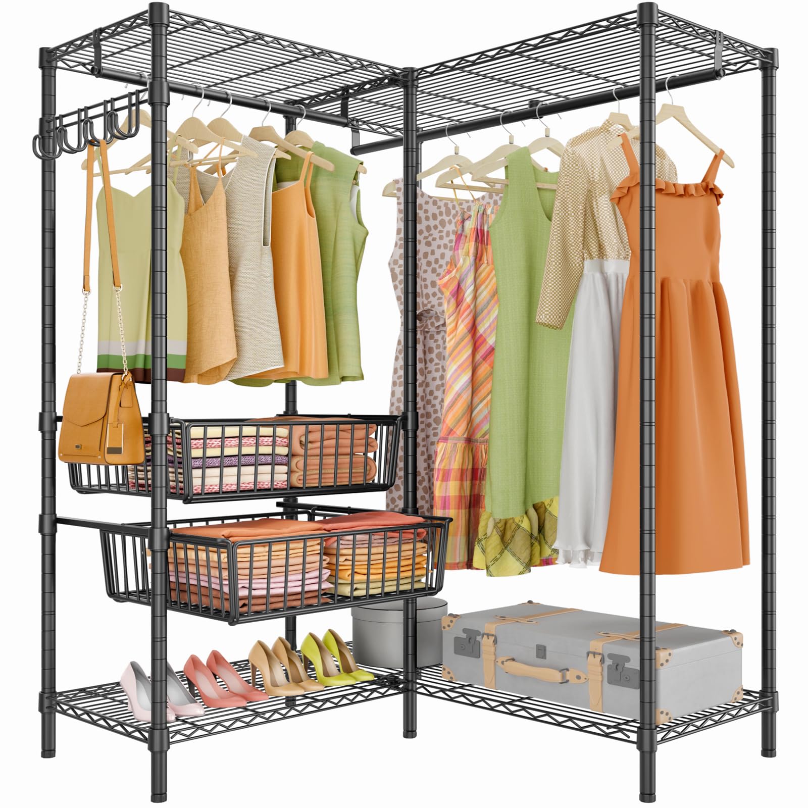 VIPEK L9 Modern Clothing Rack for Hanging Clothes, L Shaped Garment Rack with Slide Baskets & Adjustable Shelves Metal Clothing Rack for Bedroom/Corner, 700LBS Weight Capacity, Black