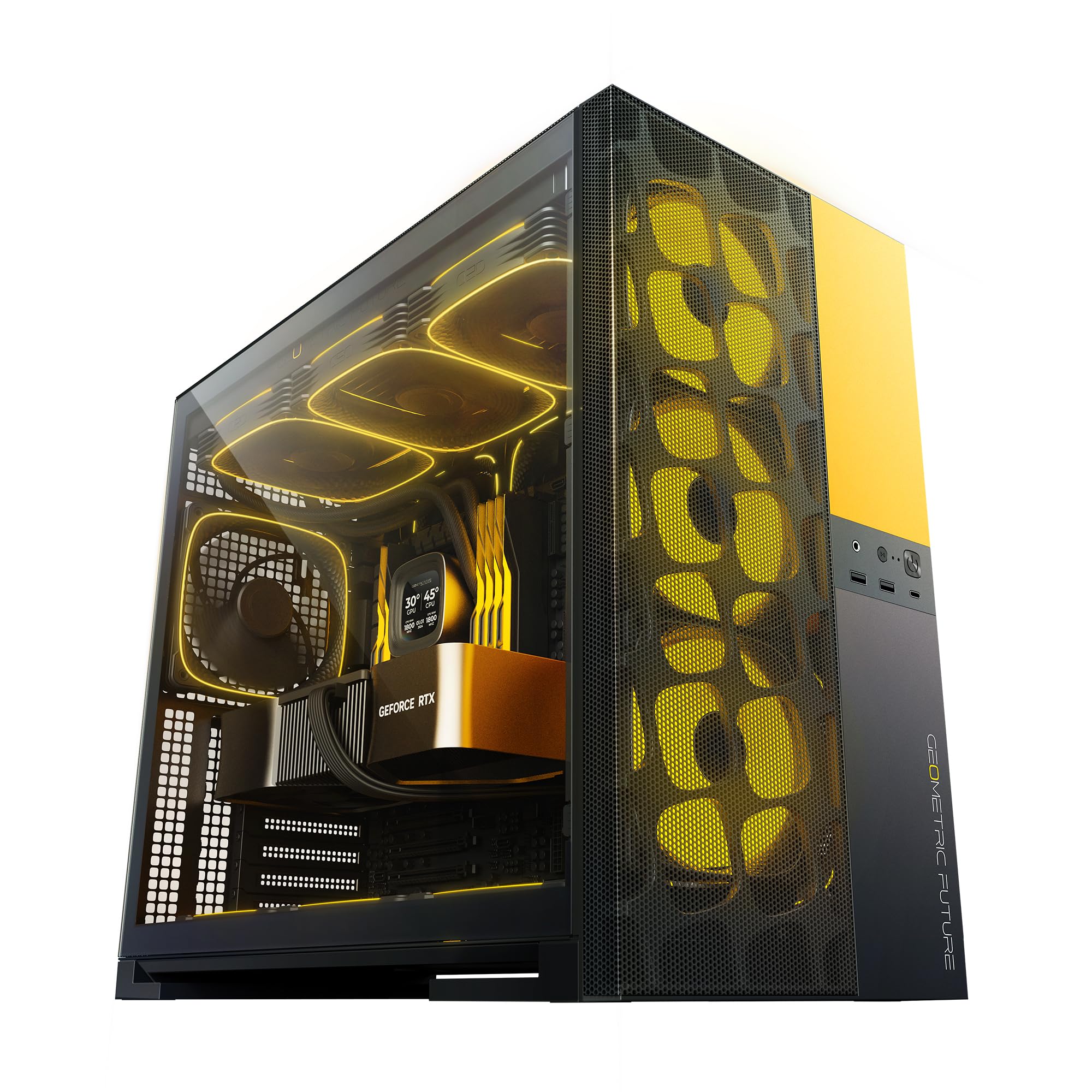 Geometric Future M5 Vent, Mesh Panel Tempered Glass Mid Tower, E-ATX/ATX Gaming Case, High Airflow, Type C, Support 420/360 Rad, ARGB PWM 140mm Fan x 5 Pre-Installed, Black/Yellow, GEO-M5VF-BY