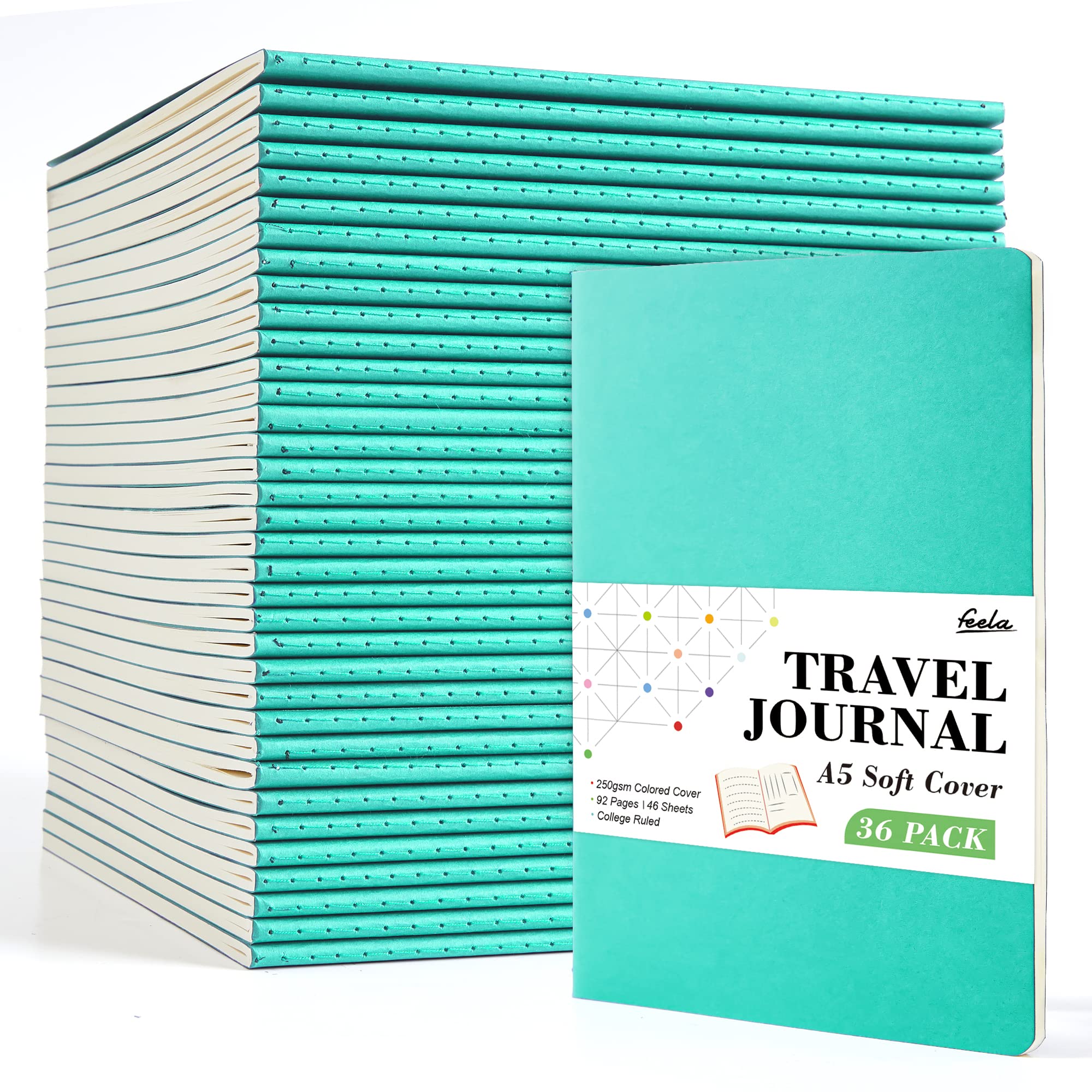 36 Pack Soft Cover Journal Bulk, Feela Lined Blank Travel Journal for Women Men Writing, Notebooks College Ruled for Work, Note Taking Notebook School Business Supplies, 8.2” x 5.5”, A5, Emerald