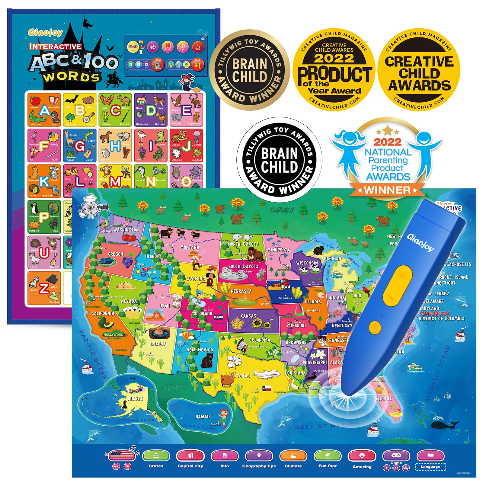 Bilingual Interactive for Kids Talking USA Map Alphabet Poster for Toddlers Learning and Educational Toys,Talking Educational Chart for Ages 3 to 12 Years Old,Learning ABC Letters for Preschool/Gift