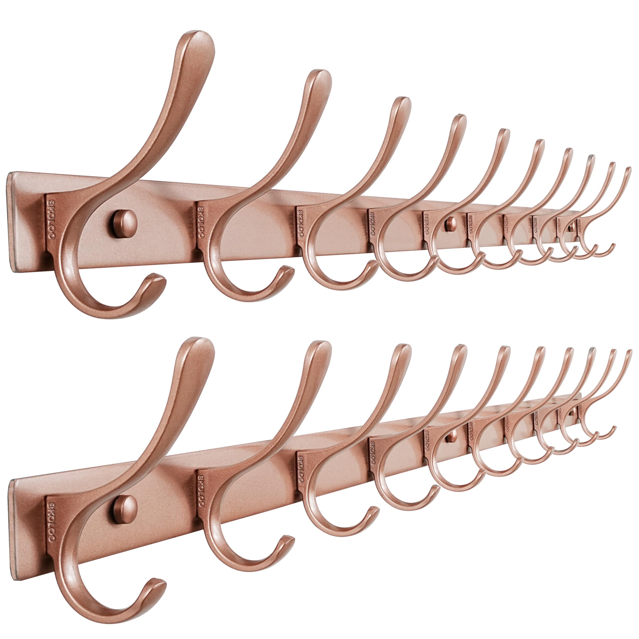 SKOLOO Coat Rack Wall Mounted - 10 Hooks, Pack of 2, Heavy Duty, Stainless Steel, Metal Wall Hangers, Sturdy Coat Hooks for Hanging Coats, Jacket, Clothes, Hat, Matte Rose Gold