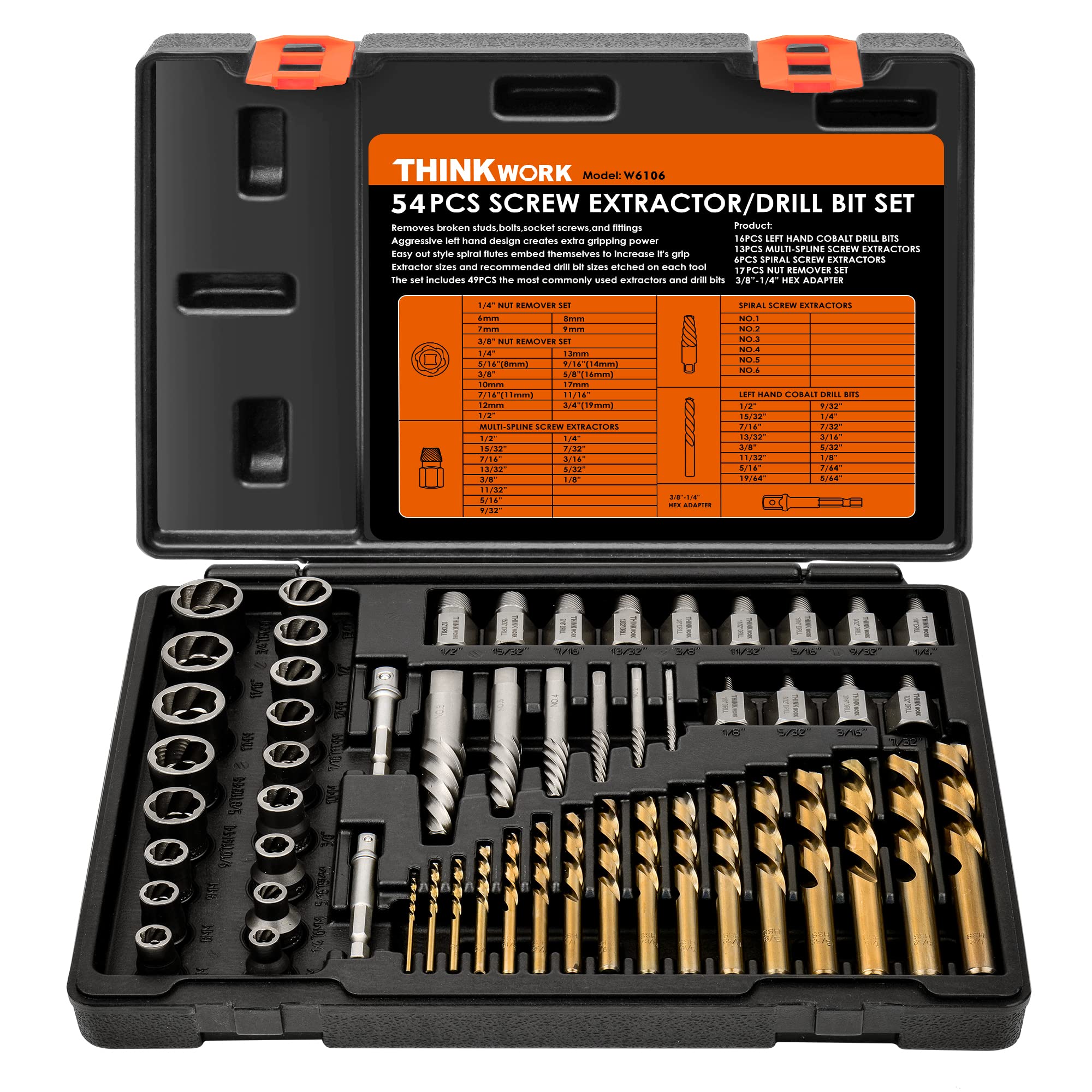 THINKWORK Broken Bolt Extractor Kit, 54 Pieces Easy Out Screw Extractor Set, Lug Nut Removal Tool with Left Hand Drill Bit Set for Removing Damaged, Frozen, Rusted, Rounded-Off Bolts, Nuts & Screws
