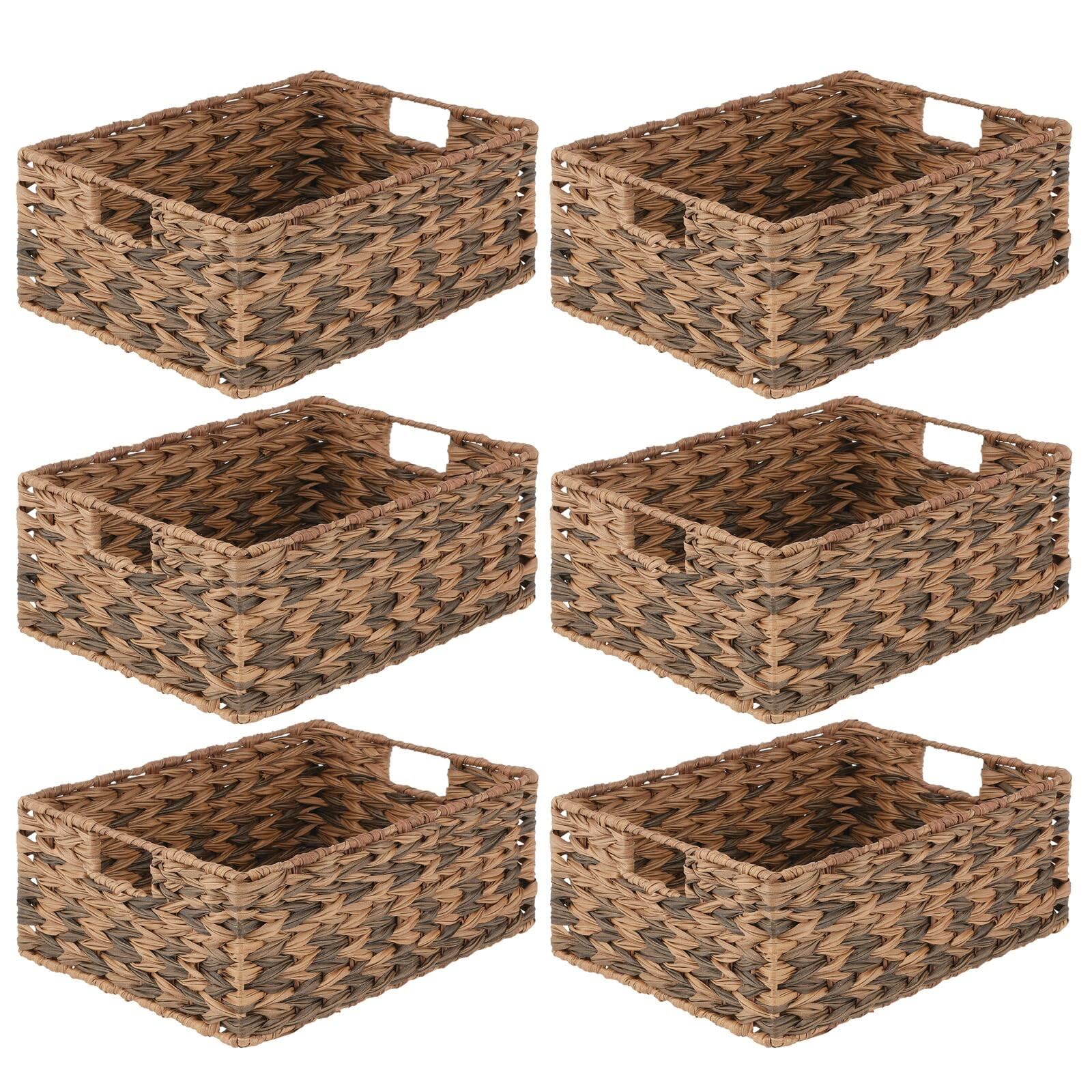 mDesign Woven Farmhouse Kitchen Pantry Food Storage Organizer Basket Bin Box - Container Organization for Cabinets, Cupboards, Shelves, Countertops - Store Potatoes, Onions, Fruit, 6 Pack, Brown Ombre