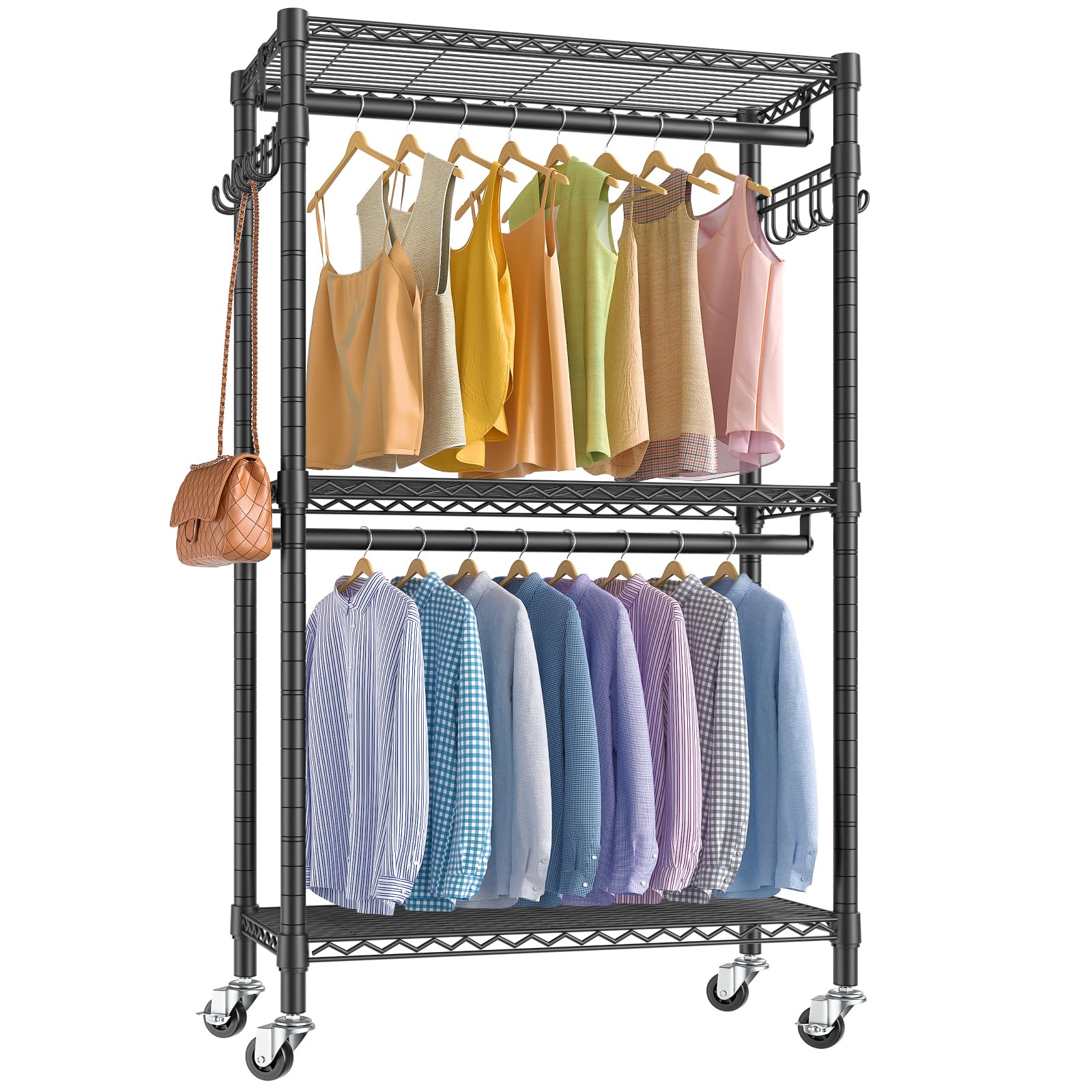 VIPEK R2 Medium Rolling Clothes Rack Heavy Duty Clothing Rack for Hanging Clothes Adjustable Metal Wire Shelving Portable Closet with Wheels Side Hooks, Freestanding Closet Wardrobe, Black