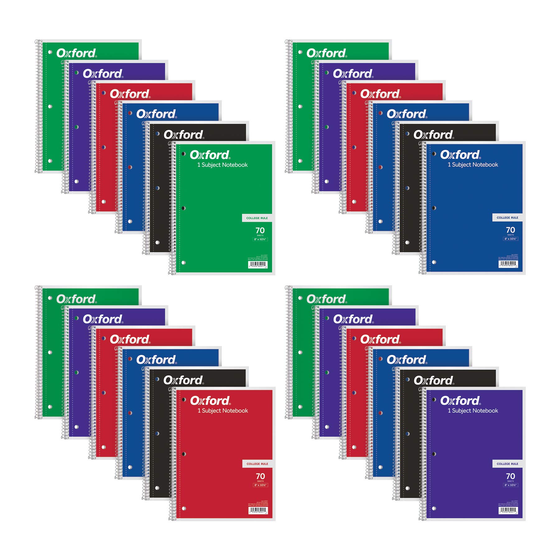 Oxford Spiral Notebooks, Bulk College Ruled Spiral Notebooks for School, 1-Subject, College Ruled Paper, 70 Lined Sheets, 24 per Pack, 3-Hole Punch, Colors May Vary (65021)
