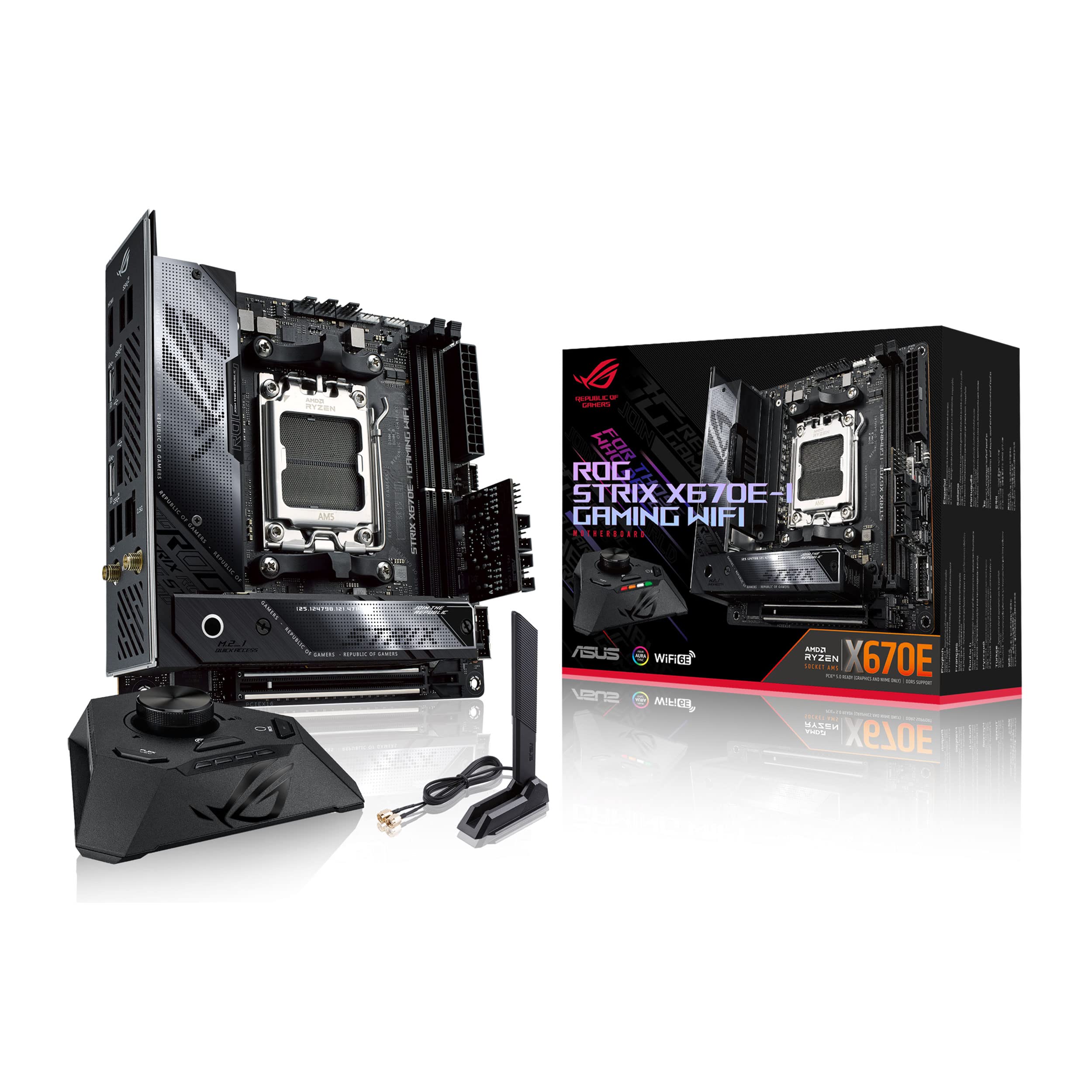 ASUS ROG Strix X670E-I Gaming WiFi AMD X670 AM5 Ryzen™ Desktop 9000 & 7000 Mini-ITX mITX Motherboard, 10+2 Power Stages, ROG Strix Hive, PBO Button, PCIe® 5.0, DDR5, Wi-Fi 6E, 2X M.2, 2X USB4® Type-C