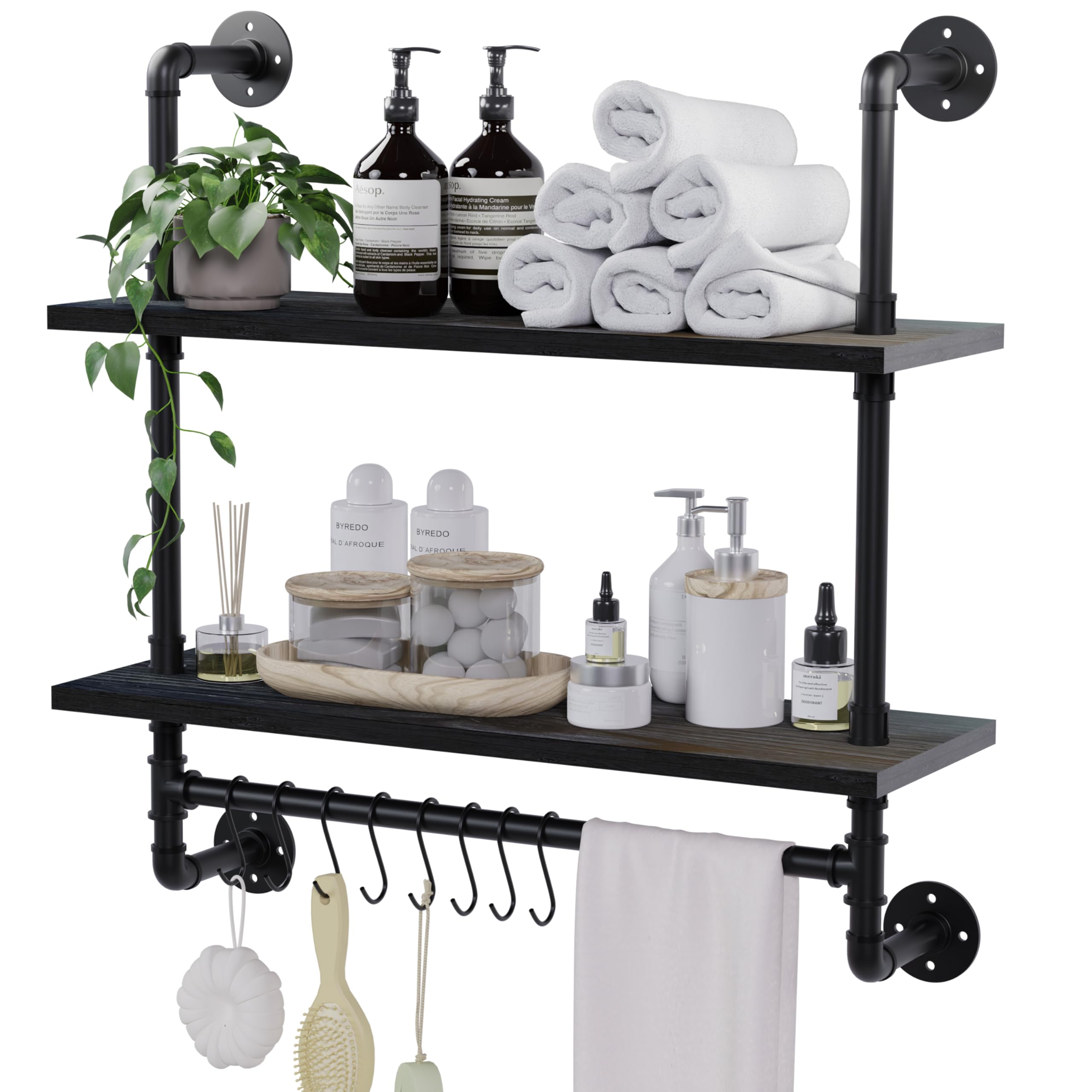 ROGMARS Industrial Pipe Shelves Shelving,24" Black Floating Shelves for Bathroom with Towel Bar Hooks,Kitchen Wall Shelves Coffee Bar Shelves Wall Mounted for Wall Decor,Living Room Bedroom