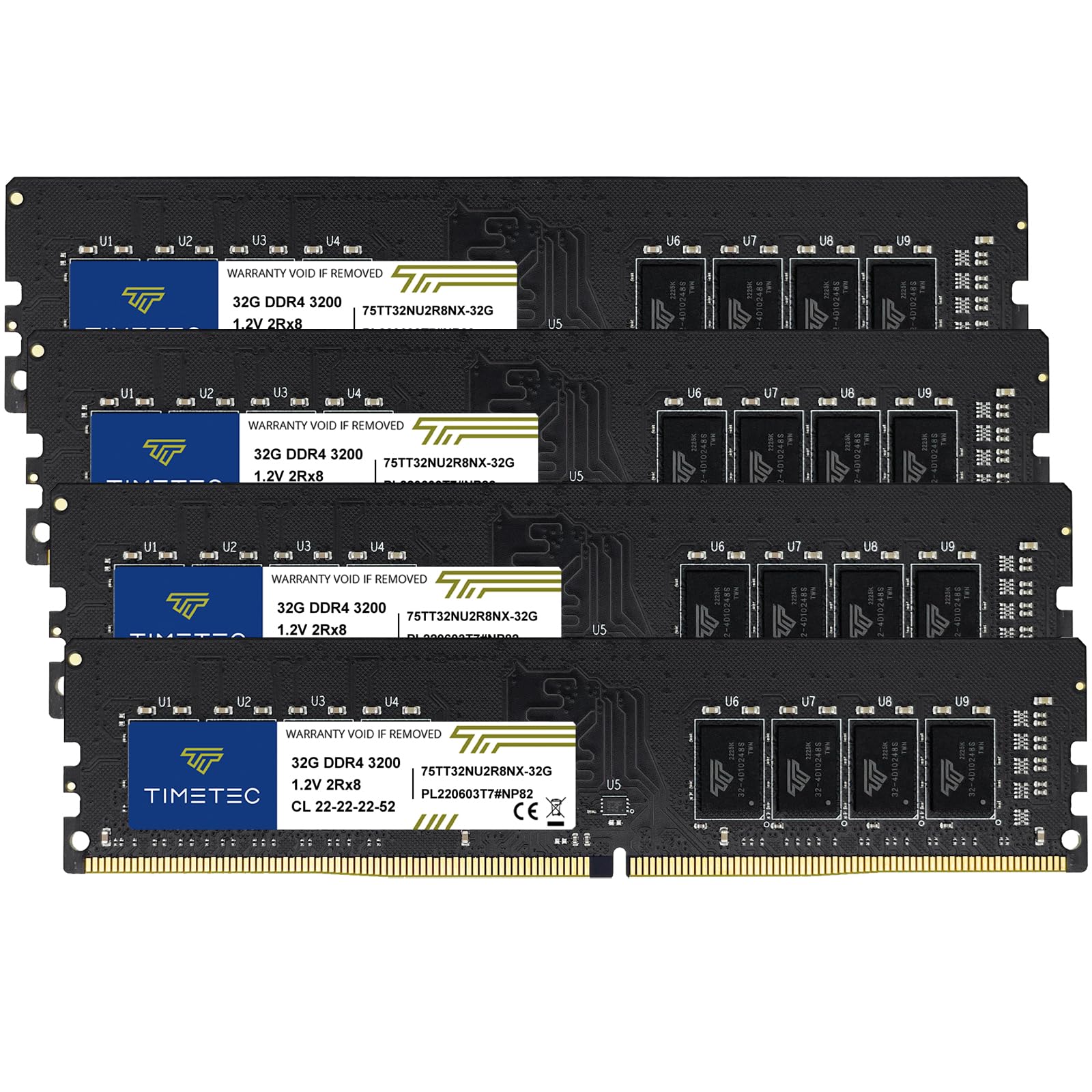 Timetec 128GB KIT(4x32GB) DDR4 3200MHz (or 2933MHz or 2666MHz) PC4-25600 Non-XMP CL22 1.2V Non-ECC Unbuffered 2Rx8 Dual Rank 288 Pin UDIMM Desktop PC Computer Memory RAM Module Upgrade