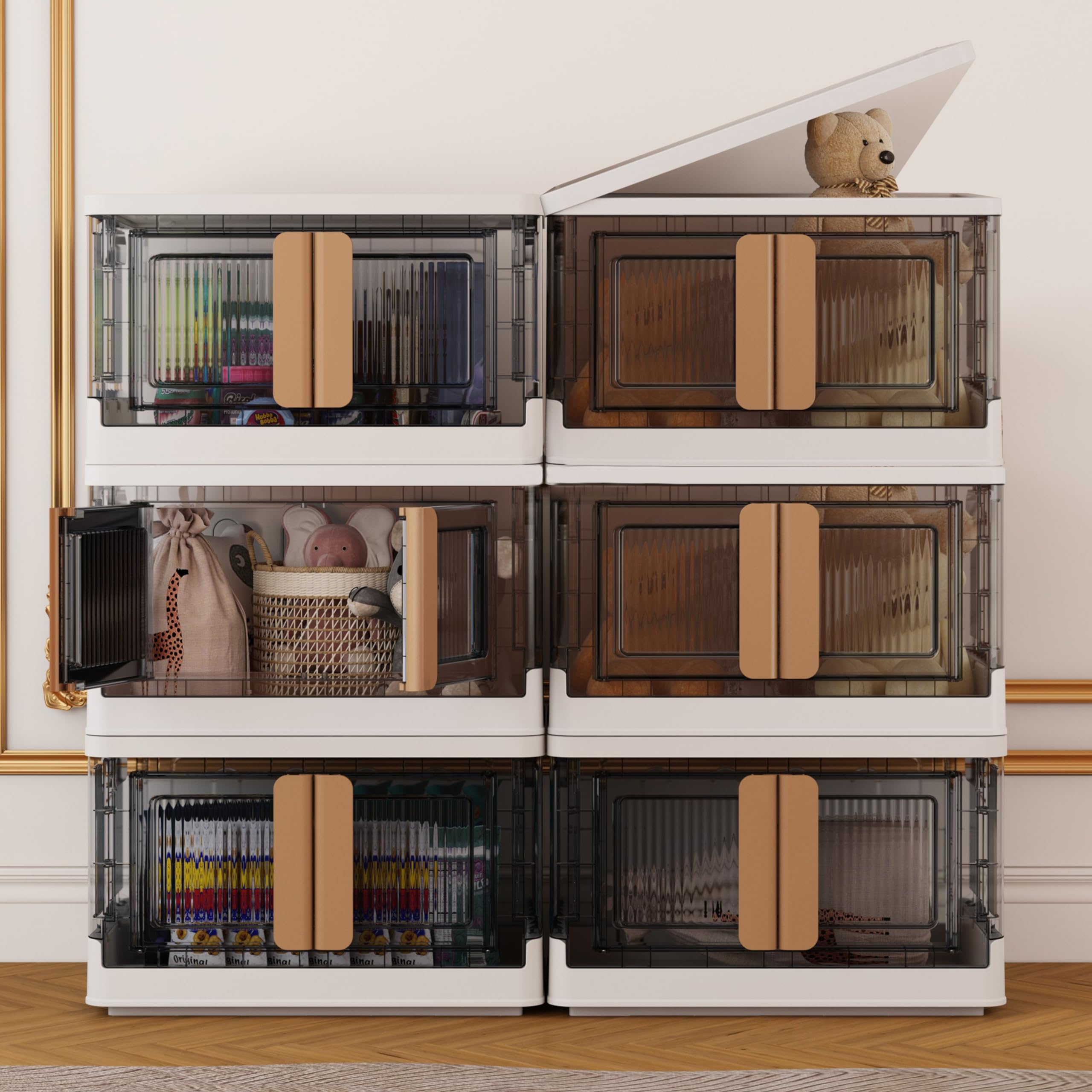 Plastic Storage Bins for Closet Organizers and Storage, 282Qt(6 Packs x 47QT) Folding Storage Box, Stackable Storage Bins with Open Front Door, Storage Bins with wheels, Collapsible Storage Bins