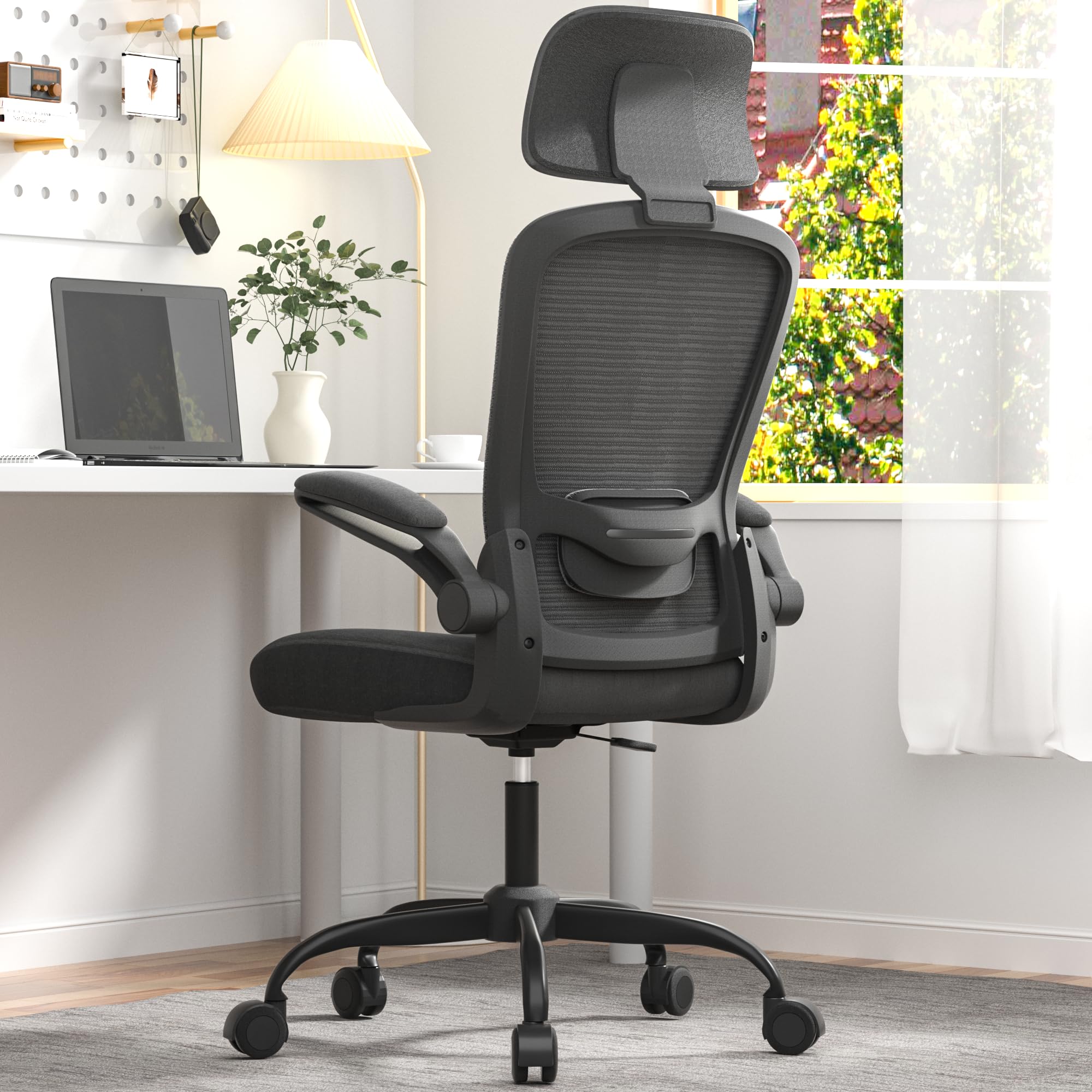 Ergonomic Office Chair for Long Hours & Back Pain Relief – Adjustable Lumbar Support & Headrest, High-Density Foam Cushion, Flip-Up Armrests, Perfect for Work & Study, Black
