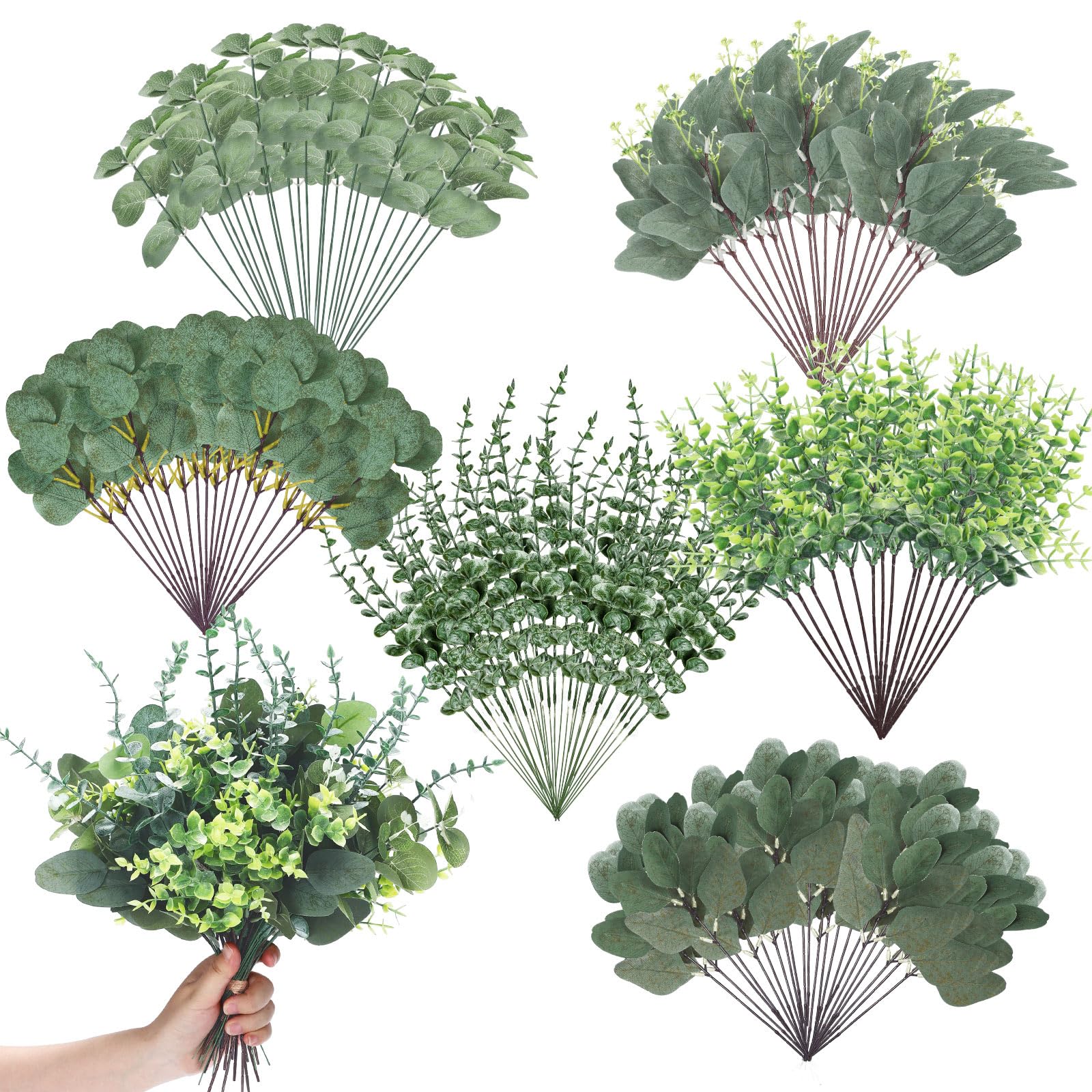 Ceenna 200 Pcs 6 Kinds Mixed Eucalyptus Leaves Stems Bulk Artificial Eucalyptus Leaves Sprays Silver Dollar Faux Greenery Picks Bundle for Wedding Vase Floral Arrangement Decor