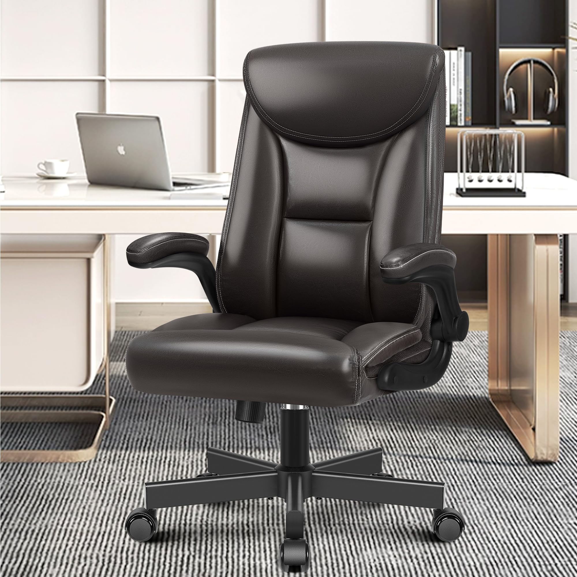BestEra Executive Office Chair, Leather Ergonomic Office Chair Big and Tall Home Office Desk Chairs with Adjustable Flip-Up Arms Computer Chairs (Glossy Coffee)