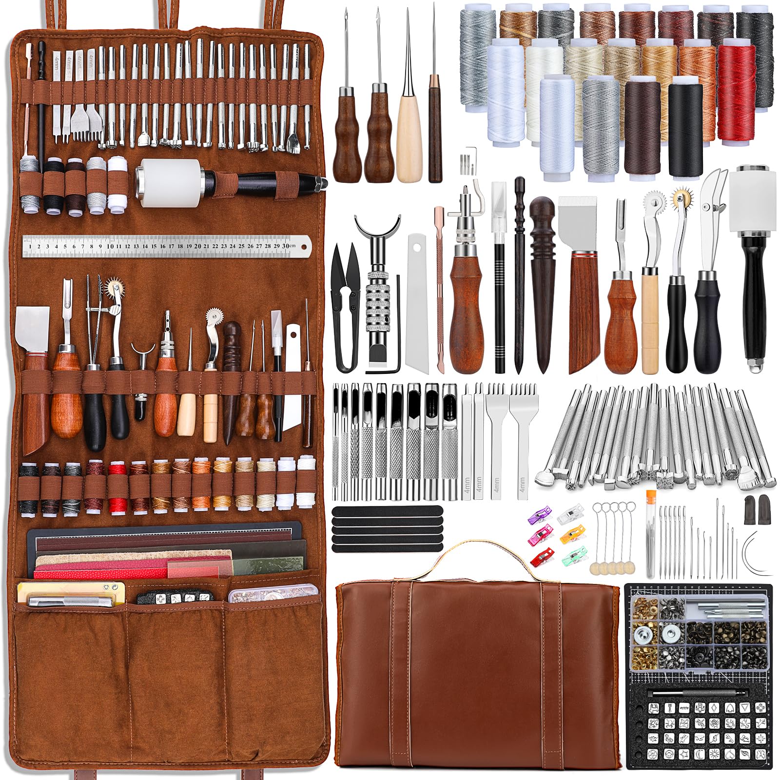 TLKKUE Leather Tooling Kit Leather Craft Tools Leather Working Kit with Custom Handbag Cutting Mats Engraving Punching Sewing Stamping Sanding Tools Leather Tools for Leather Working Professional