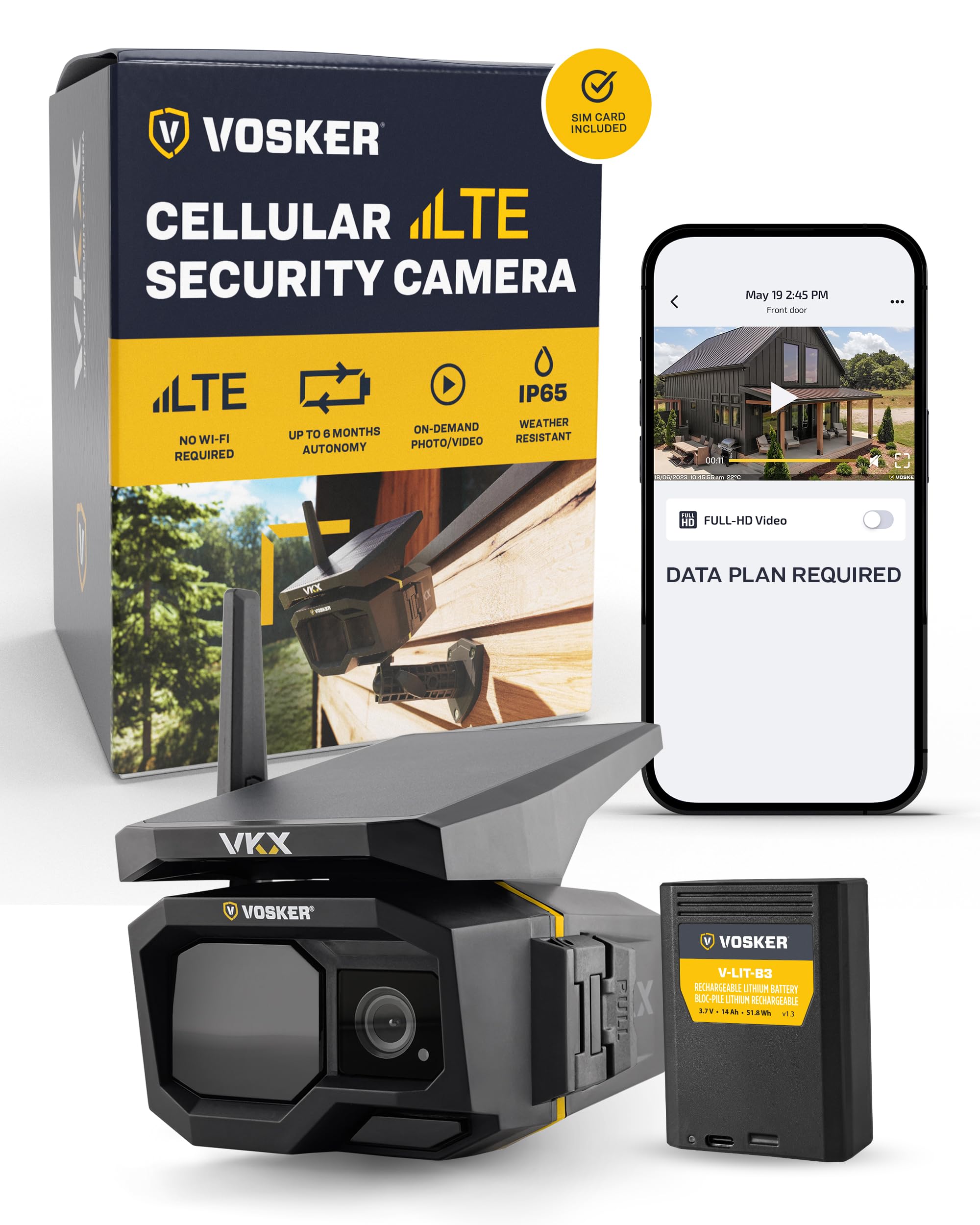 Vosker VKX Solar Powered 4G-LTE Outdoor Cellular Security Camera - No WiFi Needed, Motion Activated, Night Vision, SIM Card Included, On-Demand Mode - 15s Video Clips, IP65 Weather-Resistant