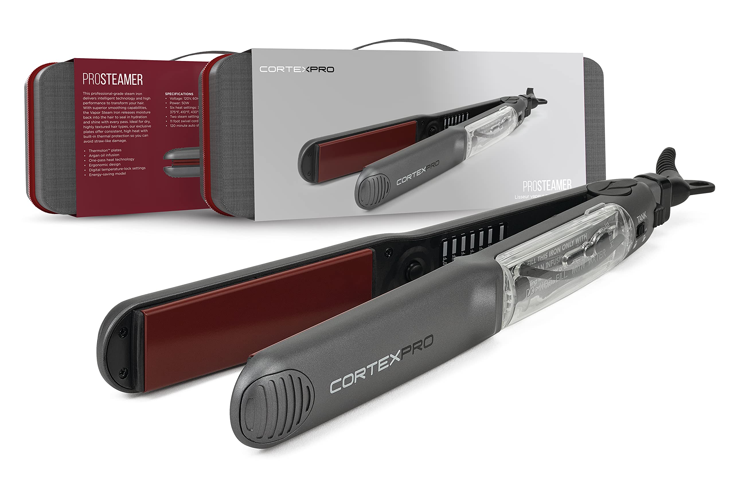 Cortex Professional Vapor Flat Iron - Vapor Mist Thermolon Ceramic Plates - Argan Infusion Steamliner - Professional Hair Straightener - with Argan Refill Bundle - 1.25’’ (Black)